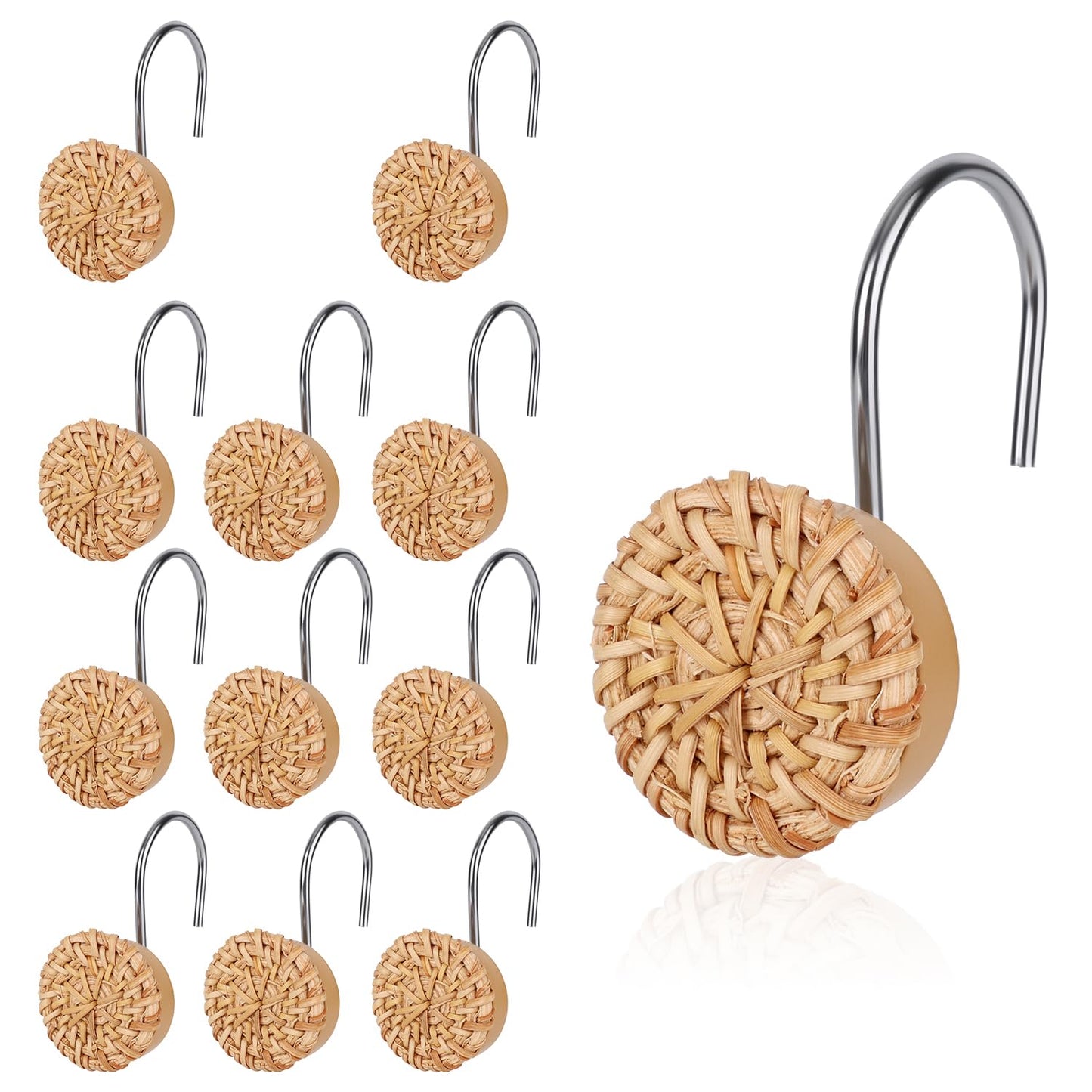 Tinoaly 12pcs Boho Knots Shower Curtain Hooks, Decorative Woven Rattan Shower Curtain Rings Farmhouse & Coastal Style Bathroom Hangers Accessories for