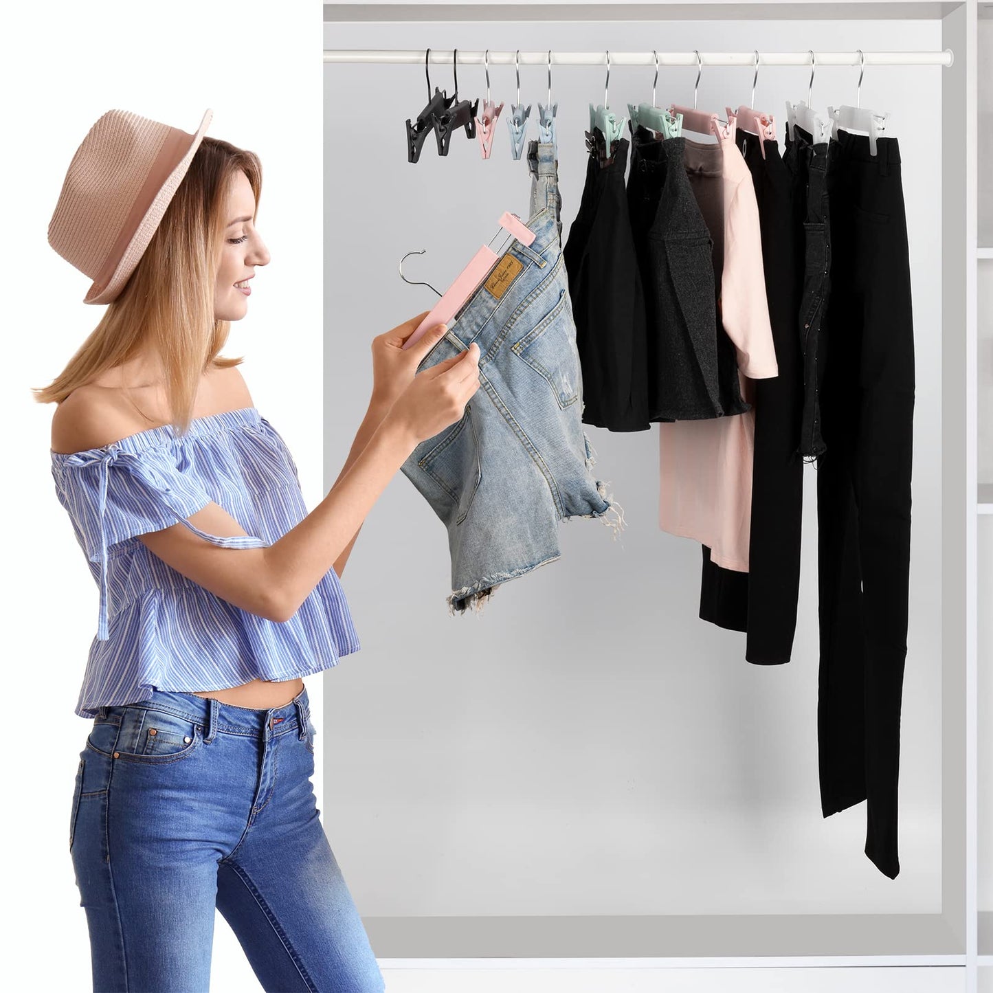 Lamitocs Pack of 10 Skirt Hangers with Strong Non-Slip Adjustable Clips Hooks, Space-Saving Trouser Hangers for Hanging Trousers, Socks, Skirts