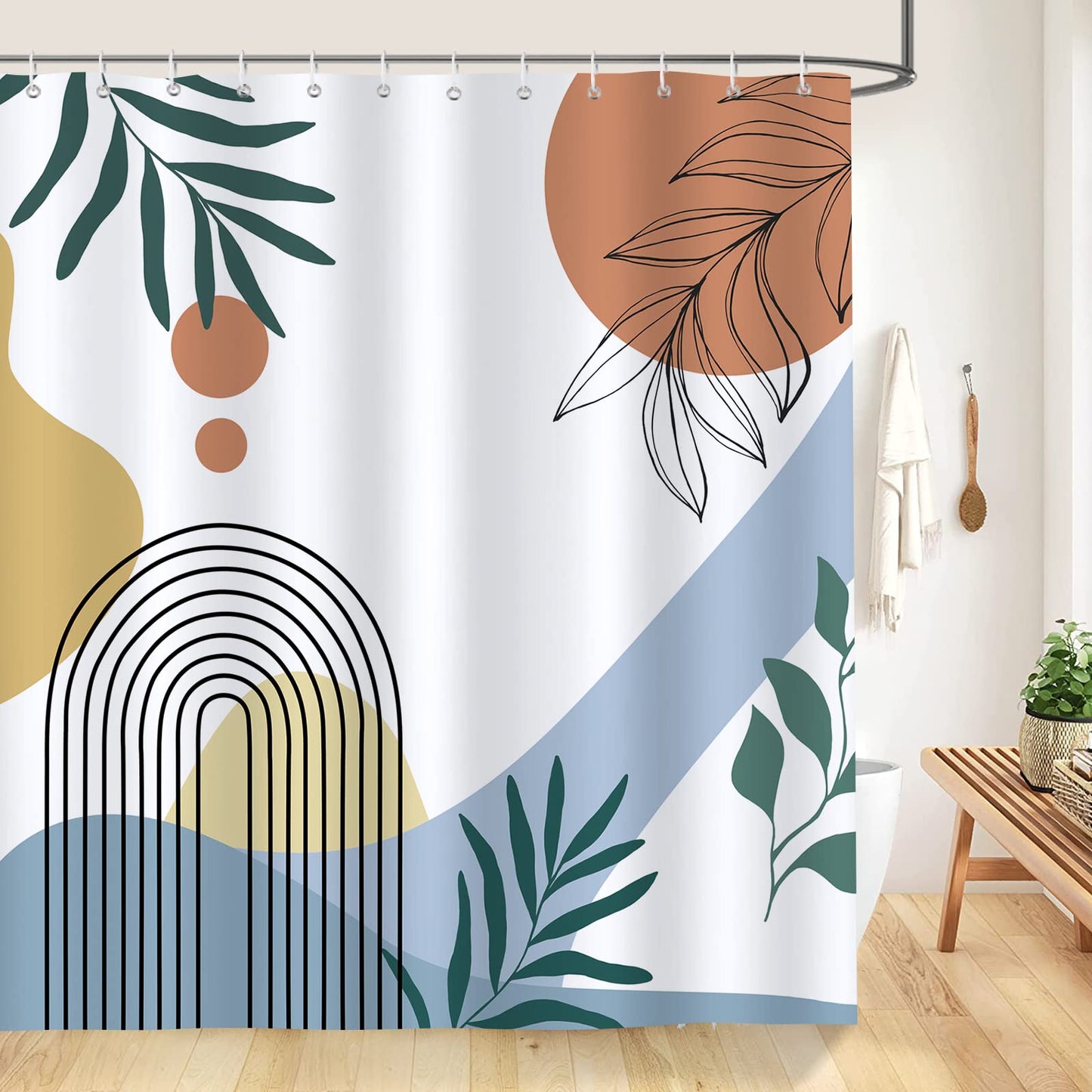 Bonhause Mid Century Abstract Shower Curtain Boho Arch Leaves Modern Minimalistic Bathroom Curtain 180 x 180 cm Waterproof Mildew & Mould Resistant