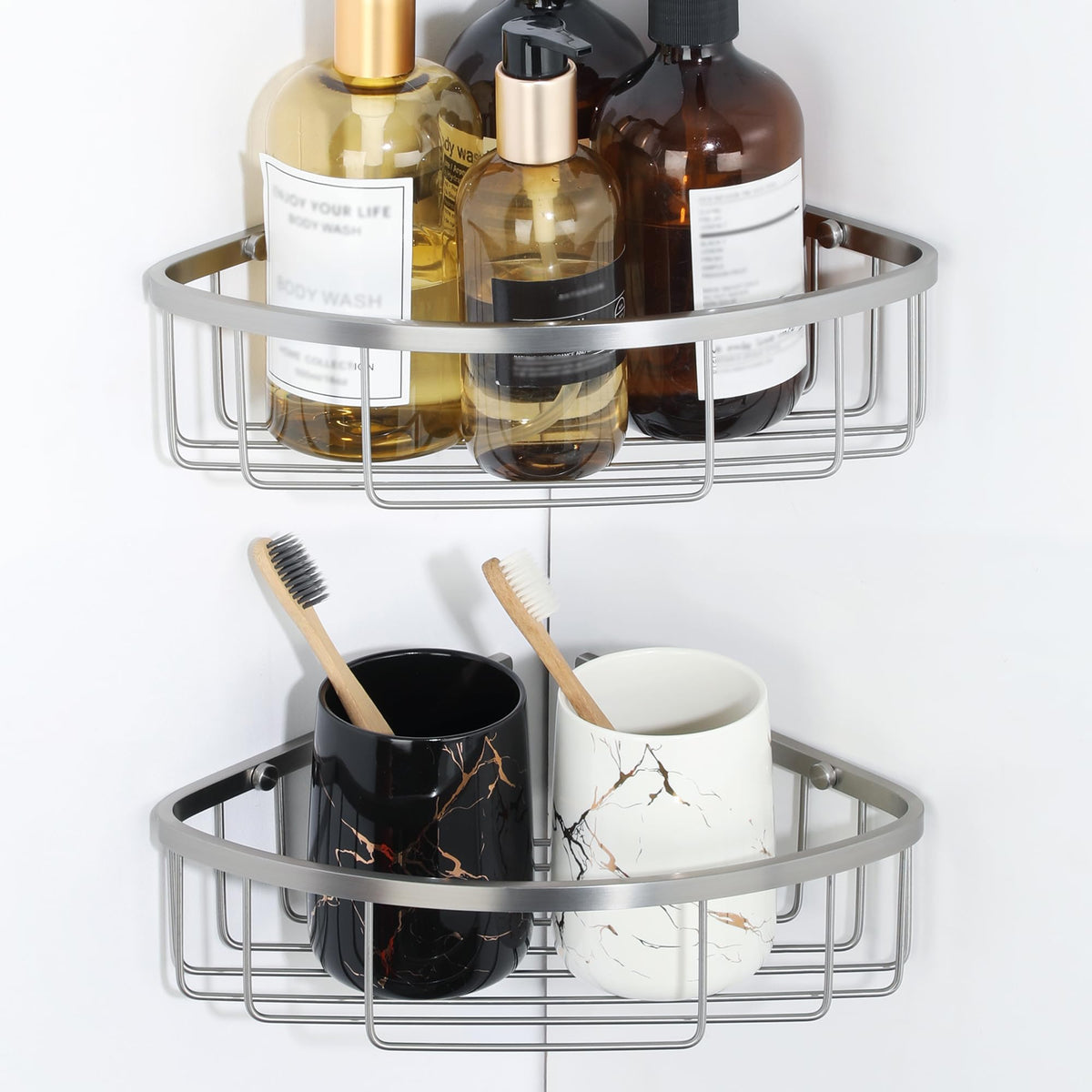 SAYAYO 2 Pack Corner Shower Caddy, Bathroom Corner Shelves Shower Storage Wall Mounted, SUS304 Stainless Steel Basket Organiser, Brushed & Glaze