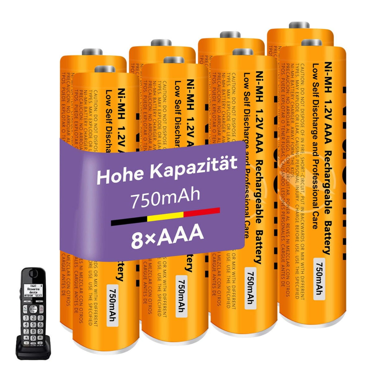 1.2V 750mah NI-MH AAA Rechargeable Battery for Panasonic BT, 8 Pack AAA rechargeable Batteries for Gigaset Cordless Phones