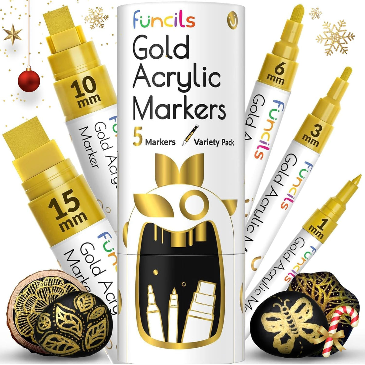Funcils 5 Acrylic Gold Paint Pen Metallic - Golden Marker Metallic Paint for Wood, Fabric, Canvas, Leaf, Tire, Metal, Glass - Gold Paint Pen Fine Tip,