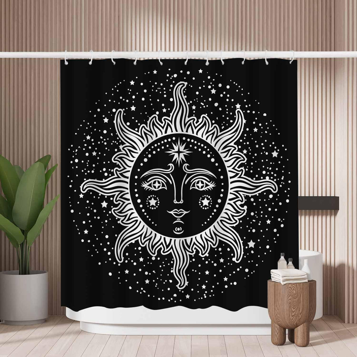 Woutay Shower Curtain Mould Proof Resistant Hand Draw Mystic Sun,Water Repellant Fabric,Polyester,with 12 Plastic Hooks,Size 180x180CM