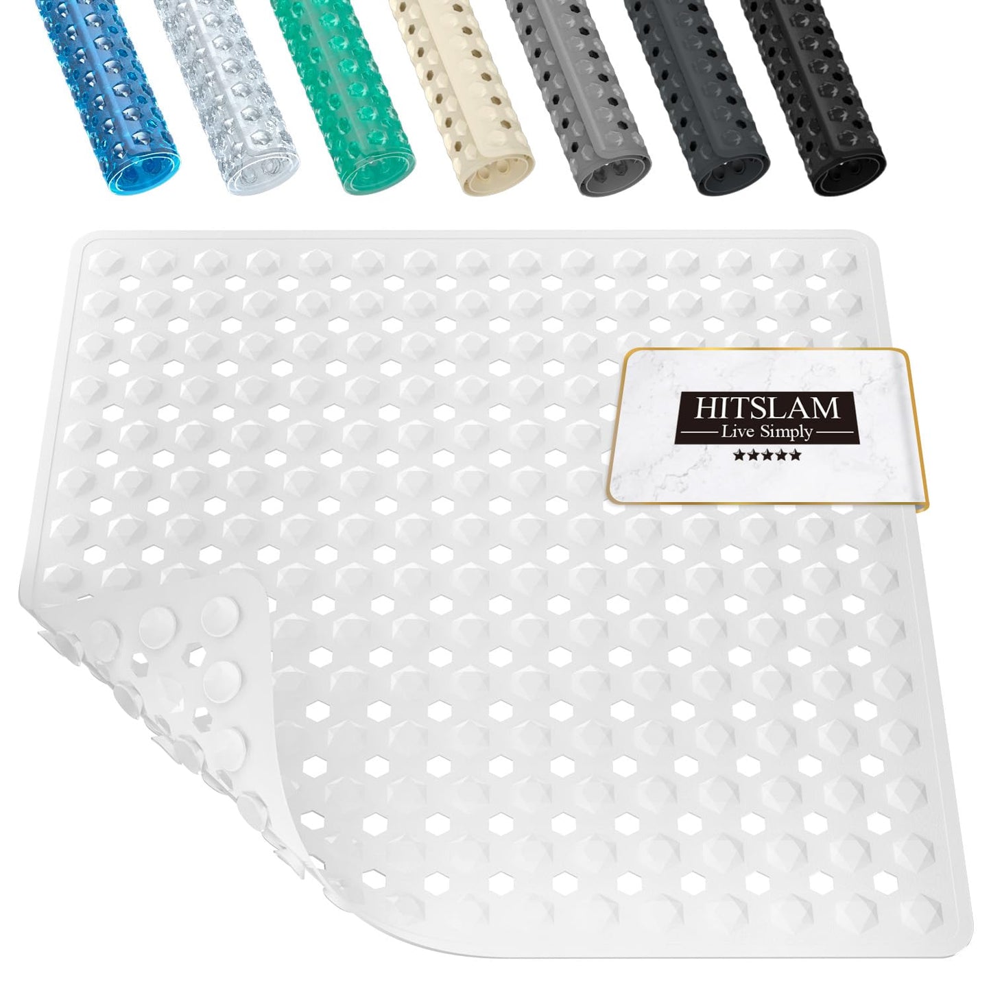HITSLAM Non Slip Shower Mat Anti Mould, 53 x 53cm Square Shower Mat for Inside Shower?Machine Washable Non Slip Bath Mat With Suction Cups and Drain