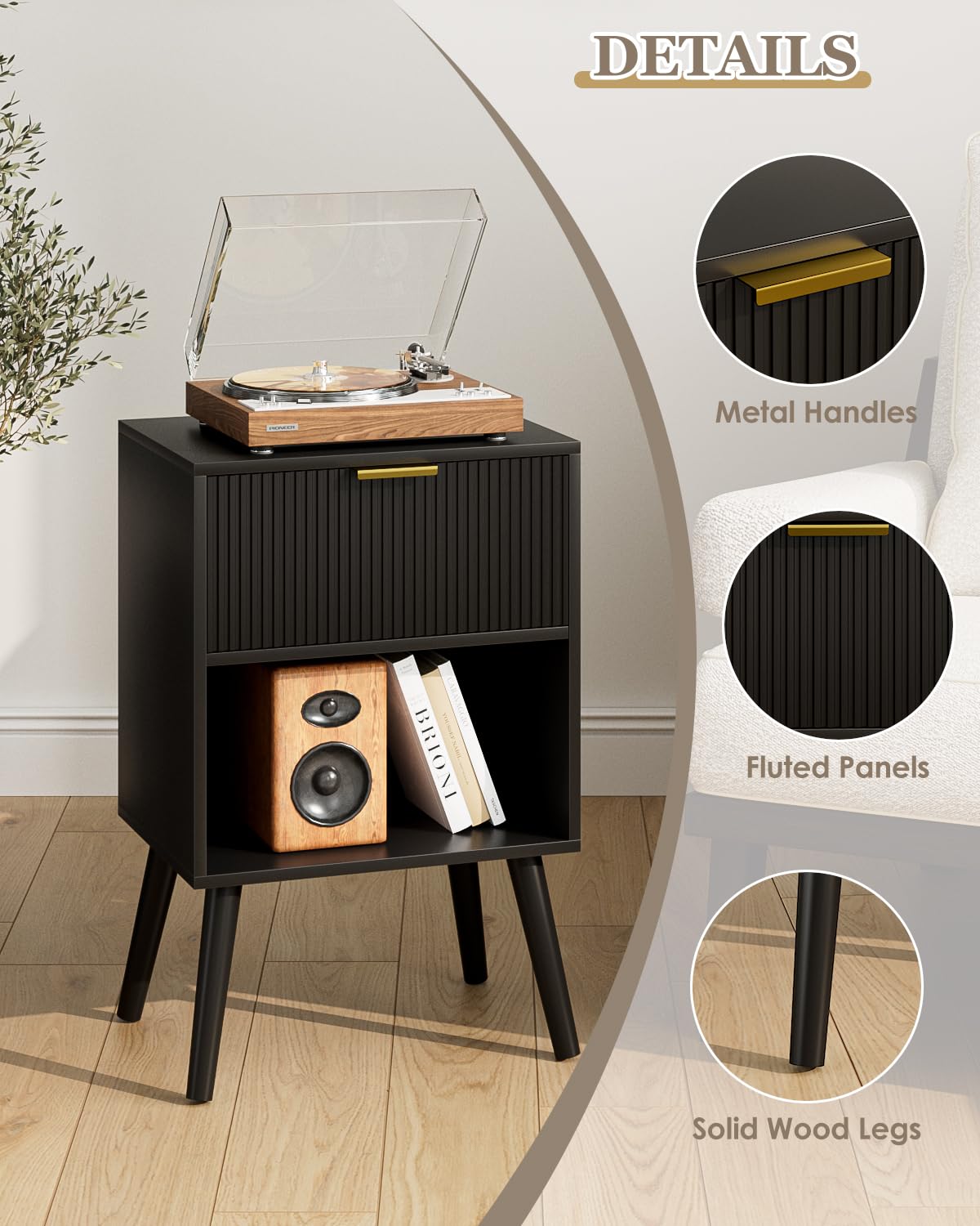 Apetaccat Bedside Table, Nightstand with Drawer and Storage Shelf, Black