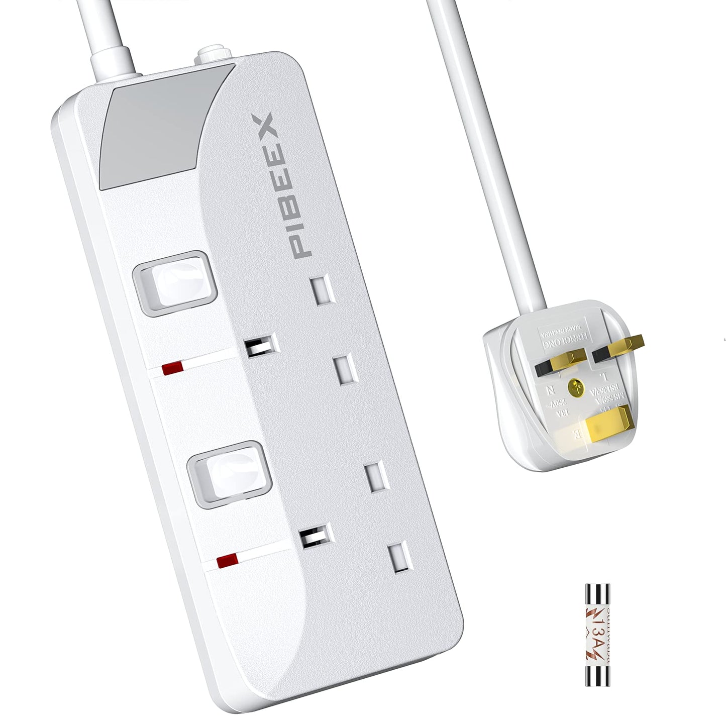 PIBEEX Extension Lead 2 Way Plug Sockets with Individual Switches Wall Mountable Power Strip 3M Extension Cable 13A Fused UK Plug 3250W