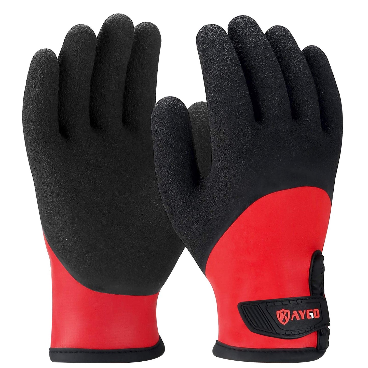 KAYGO Waterproof Thermal Work Gloves, Full Hand Latex Coated, Insulated Liner for Freezer Cold Weather Fishing Winter Outdoor Work, KG140 (Black Red,