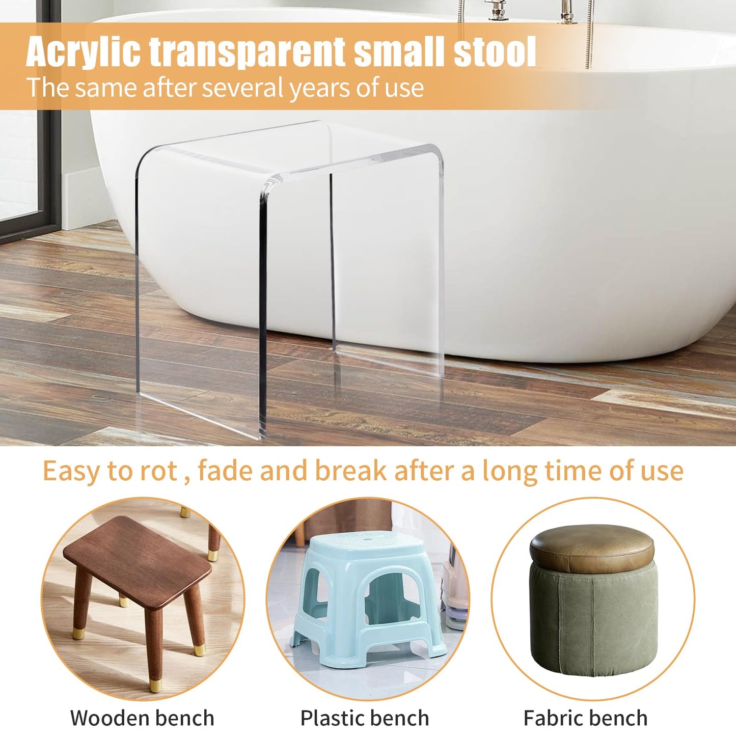 Clear Acrylic U Shaped End Table, Transparent Perspex Plastic Shower Stool, Stylish Modern Coffee Table with Rounded Edges