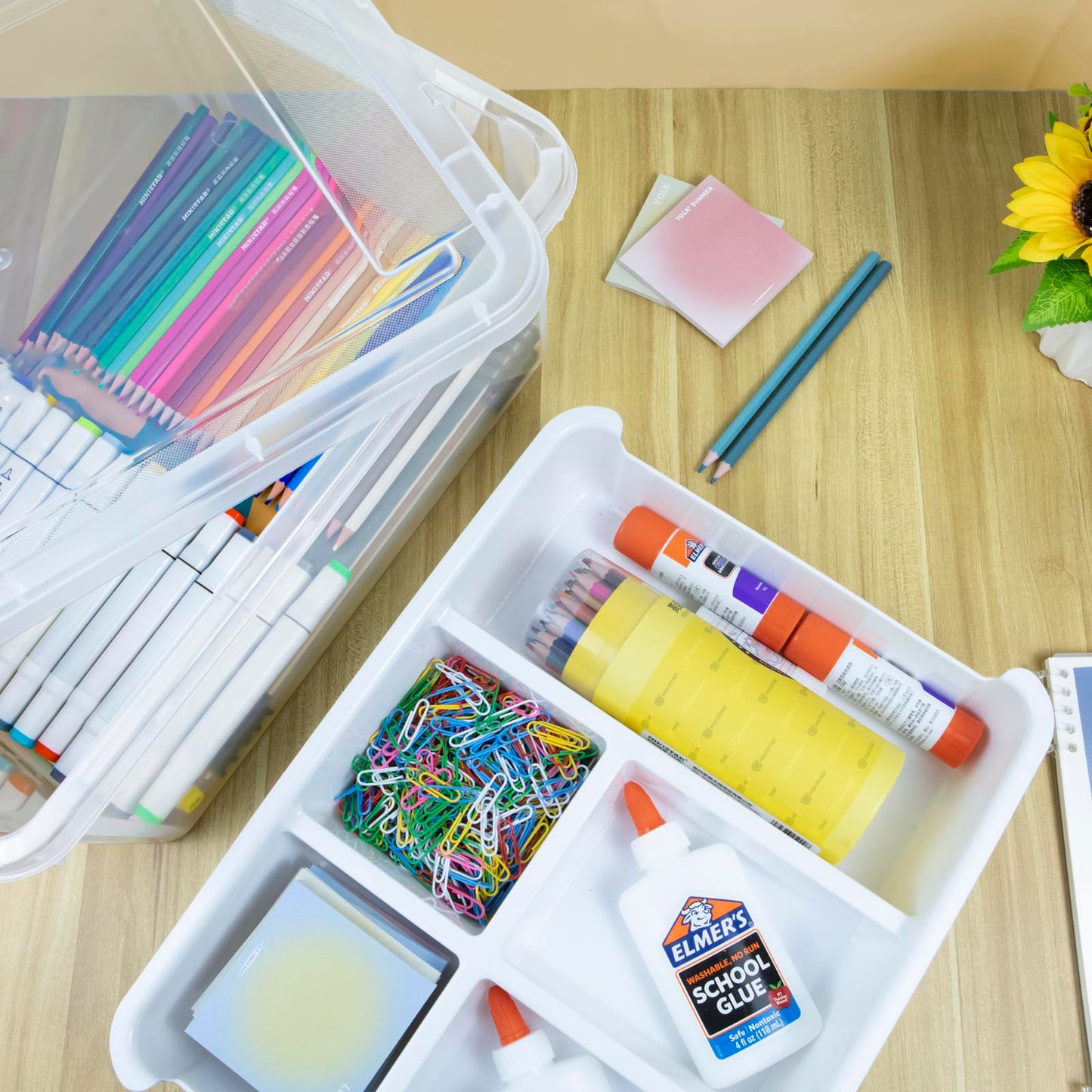 Creahaus 2Pack 16L Organizers and Storage Box with Removable Tray, Durable Plastic Containers with Lids and Latching Buckles, Stackable Art & Craft
