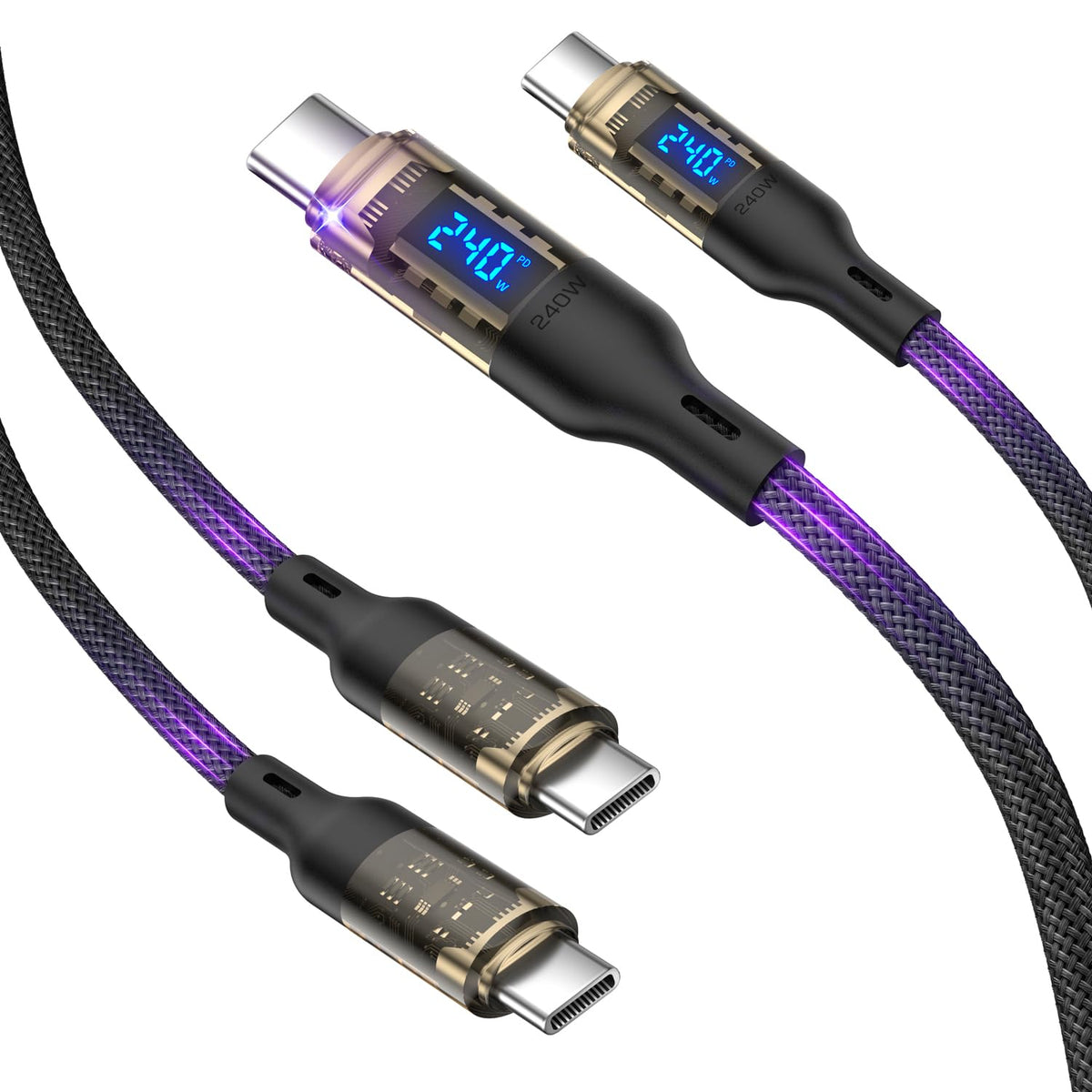 VisionSync 240W USB C to USB C Transparent Cable with LED Display Compatible with 140W 100W Fast Charging for MacBook Pro,lPhone16/15/15Pro/15ProMax,