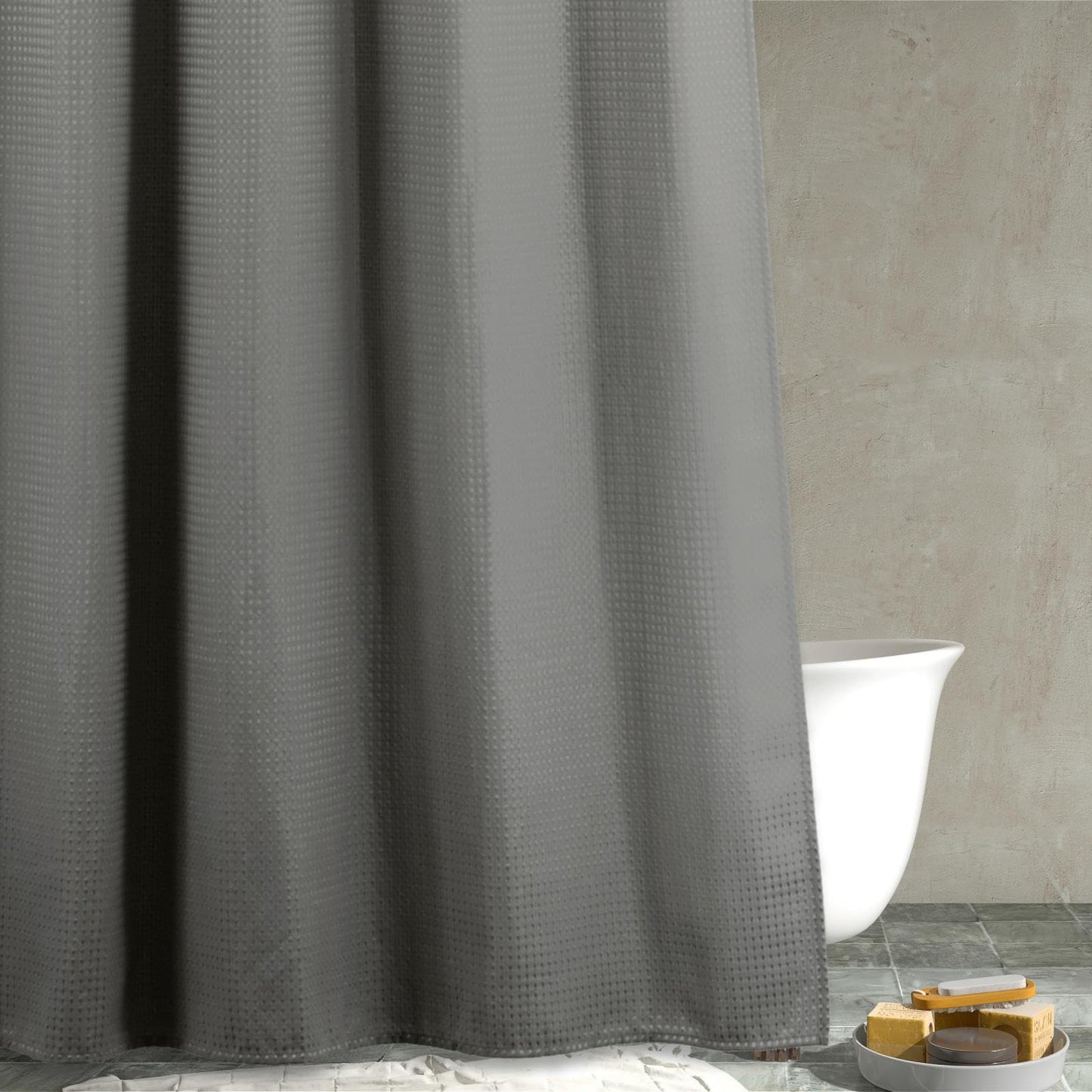 Popkozzi Grey Waffle Weave Shower Curtain: Gray Heavy Duty Textured Fabric Shower Curtains for Bathroom - Water Repellent Washable Thick Polyester