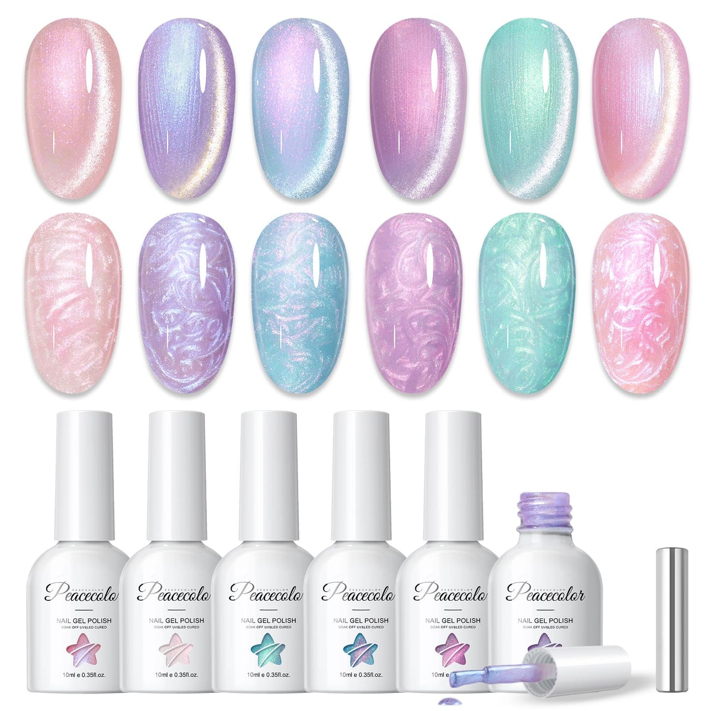 PEACECOLOR Pearl Gel Nail Polish, 6 Colours Cat Eye Soak-Off UV/LED Polish Purple Pink Rose Blue Magnetic Mermaid Swirl Shell Gel Polish with Magnet