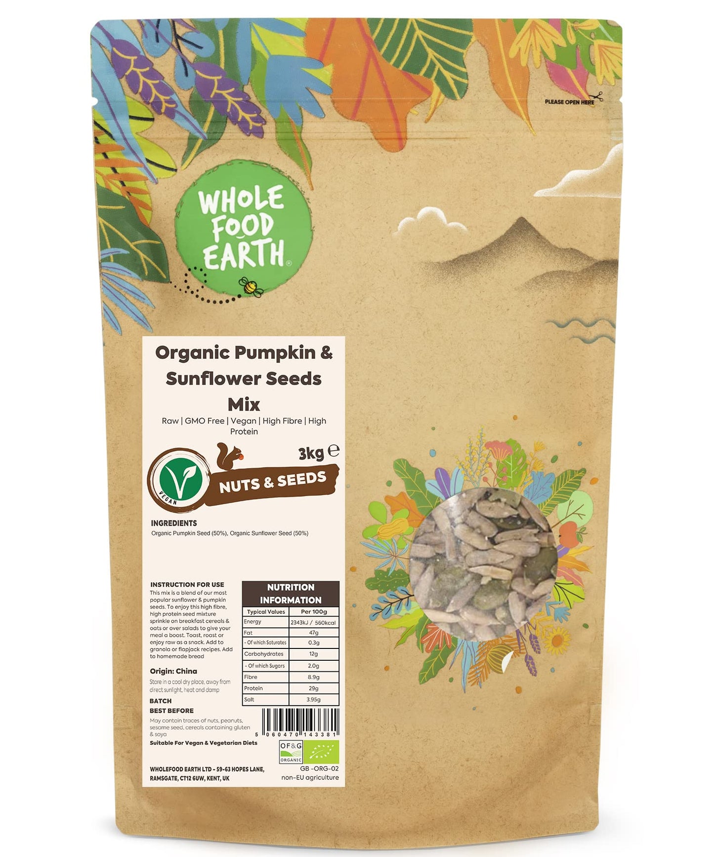 Wholefood Earth Organic Pumpkin & Sunflower Seeds Mix 3kg Raw | GMO Free | Vegan | High Fibre | High Protein | Certified Organic