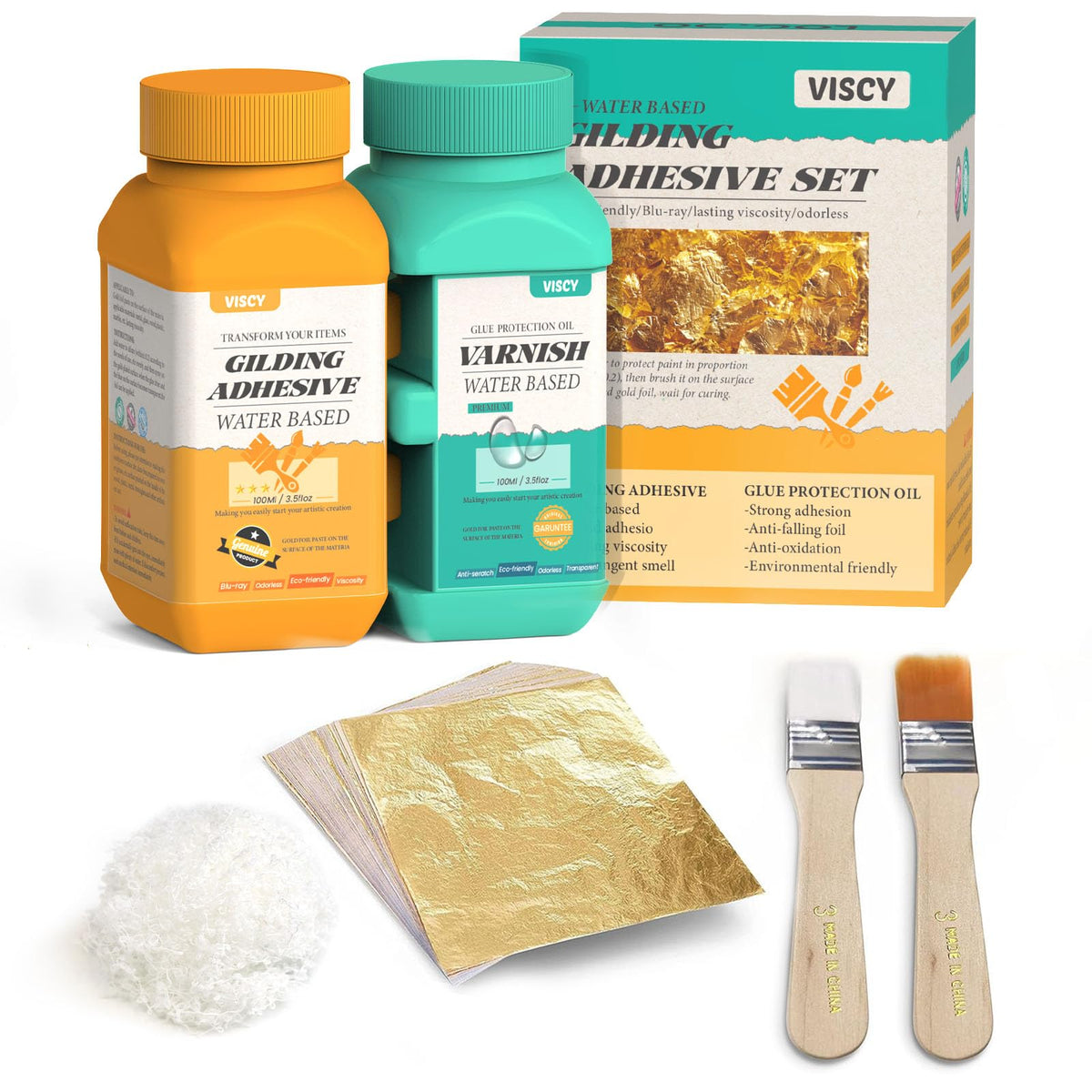 VISCY Gold Leaf Adhesive, Gilding Adhesive Set with 100ml Water Based Metal Leaf Glue and 100ml Varnish, 100 pcs Foil, 2 Brushes, Foil Wiping Cotton,