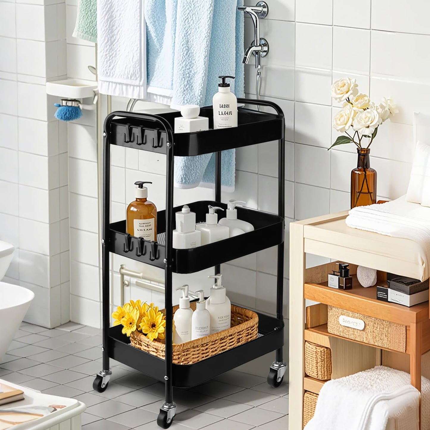 Viuxule Storage Cart, 3 Tier Metal Trolley Cart with Wheels, Black Rolling Utility Cart for Kitchen, Bathroom, Office, Bedroom