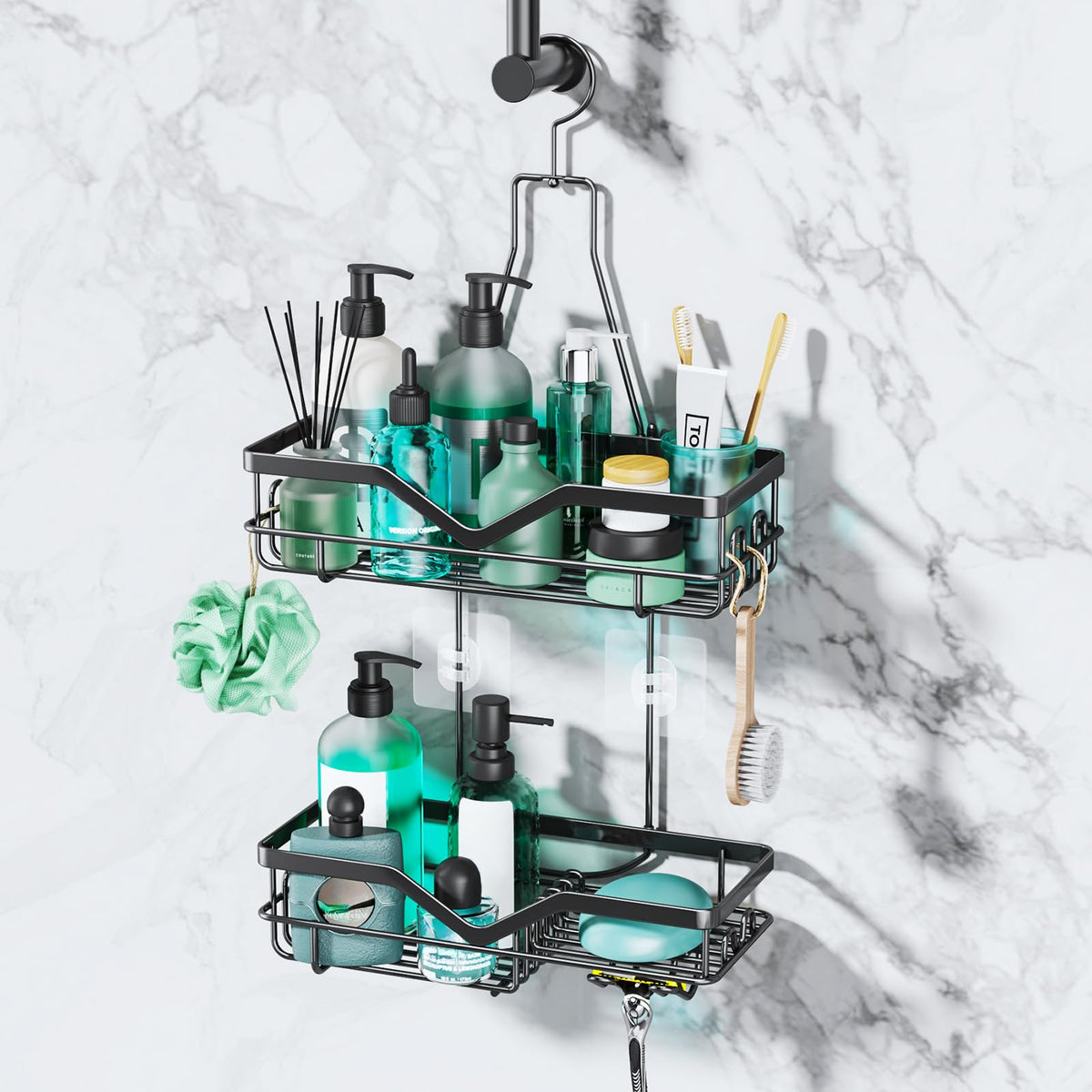 SWTYMIKI Rust-Resistant Hanging Shower Caddy - 2-Tier Bathroom Organizer Shelf with Razor Holder, Soap Dish & Multiple Hooks | Includes 3 Screw