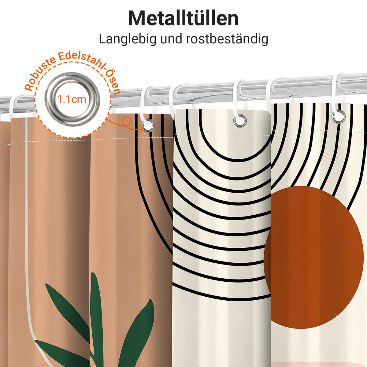 Lerores Shower Curtain, 170 x 180 cm, Leaf Print, Weighted Hem, Anti-Mould Textile, Water-Repellent
