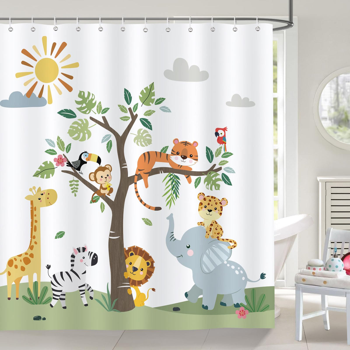 Bonhause Kids Animals Shower Curtain Lion Elephant Giraffe Bathroom Curtain 180 x 180 cm Waterproof Mildew & Mould Resistant Polyester Fabric Bath