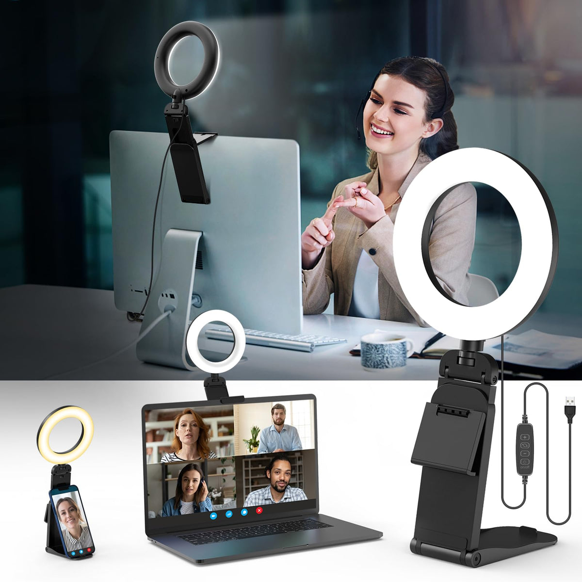 5" Desk Ring Light with Stand, LED Ring Light for Laptop Monitor, Video Conference Lighting, Zoom Meeting Light for Video Calls Selfie Makeup PC
