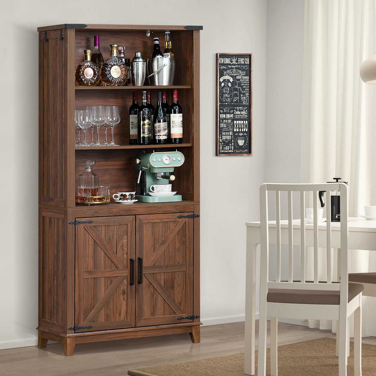 LELELINKY 70in Tall Bookshelf 5 Tier Bookcase with Barn Doors and Adjustable Shelves, Brown Farmhouse Book Shelf with Storage Cabinet