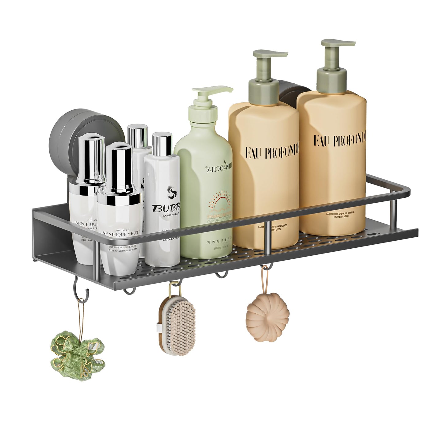 Wisfame Rustproof Shower Caddy Suction Cup,No Drilling Max Hold 10KG Bathroom Shelf with 5 Hooks,Removable Waterproof Bathroom Basket Storage