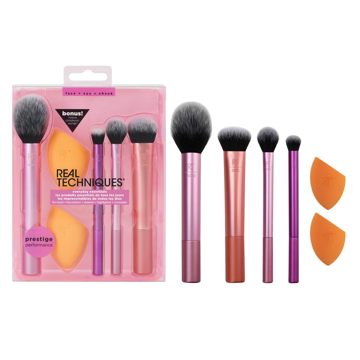 Real Techniques Everyday Essentials + Makeup Sponge Kit, 4 Makeup Brushes and 2 Makeup Blender Sponges,Blush, Bronzer, Eyeshadow, and Powder,