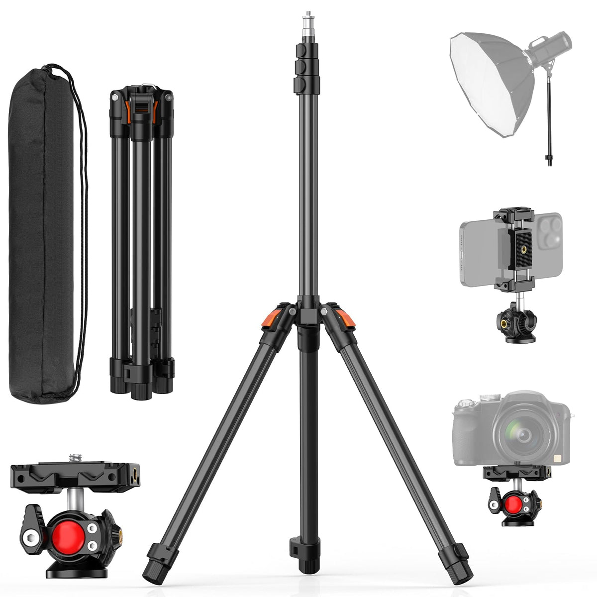 XXZU 83in/210cm Camera Tripod with Ball Head, Photography Light Stand, Reversible Portable Phone Tripod with Case, Studio Lighting Stand For