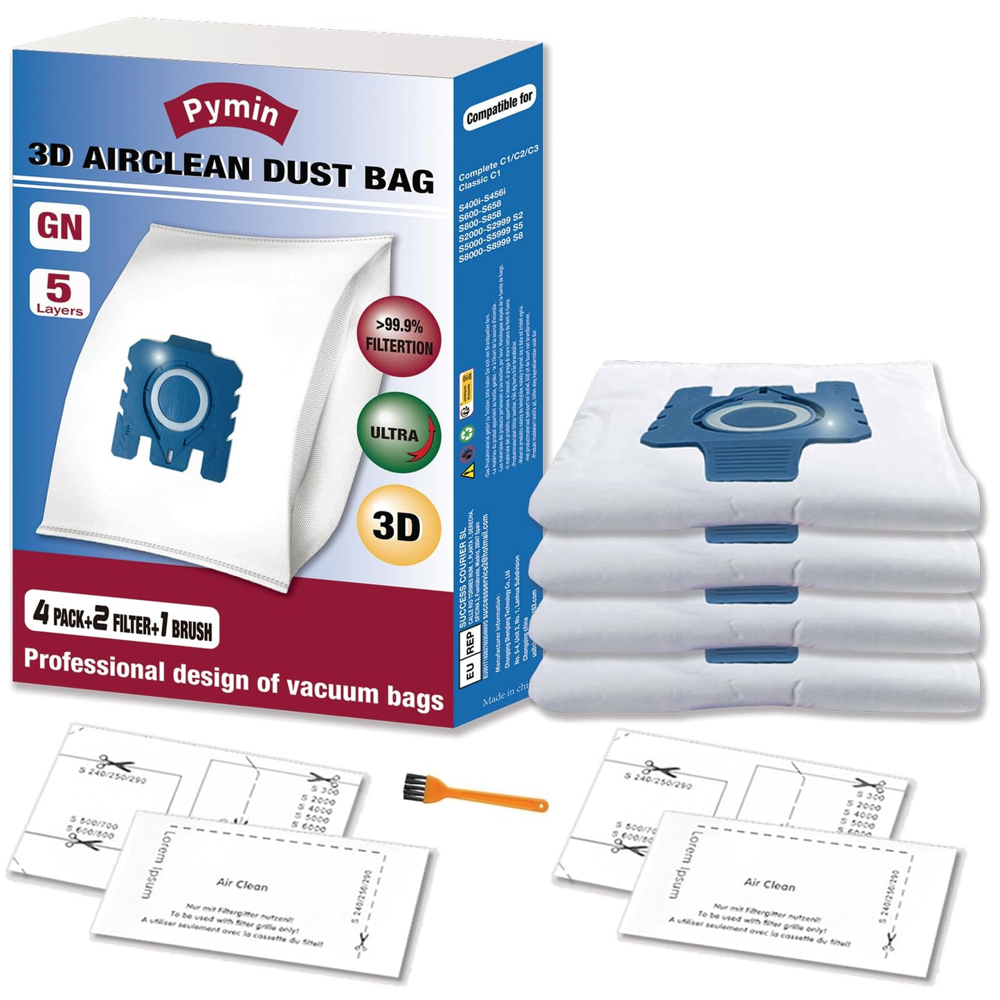 Pymin 4 Pack GN Vacuum Dust Bags Replacements Compatiable with Miele Classic C1, Complete C2 C3, Cat & Dog, S200-S8000 Series Vacuum Cleaner, Replaces