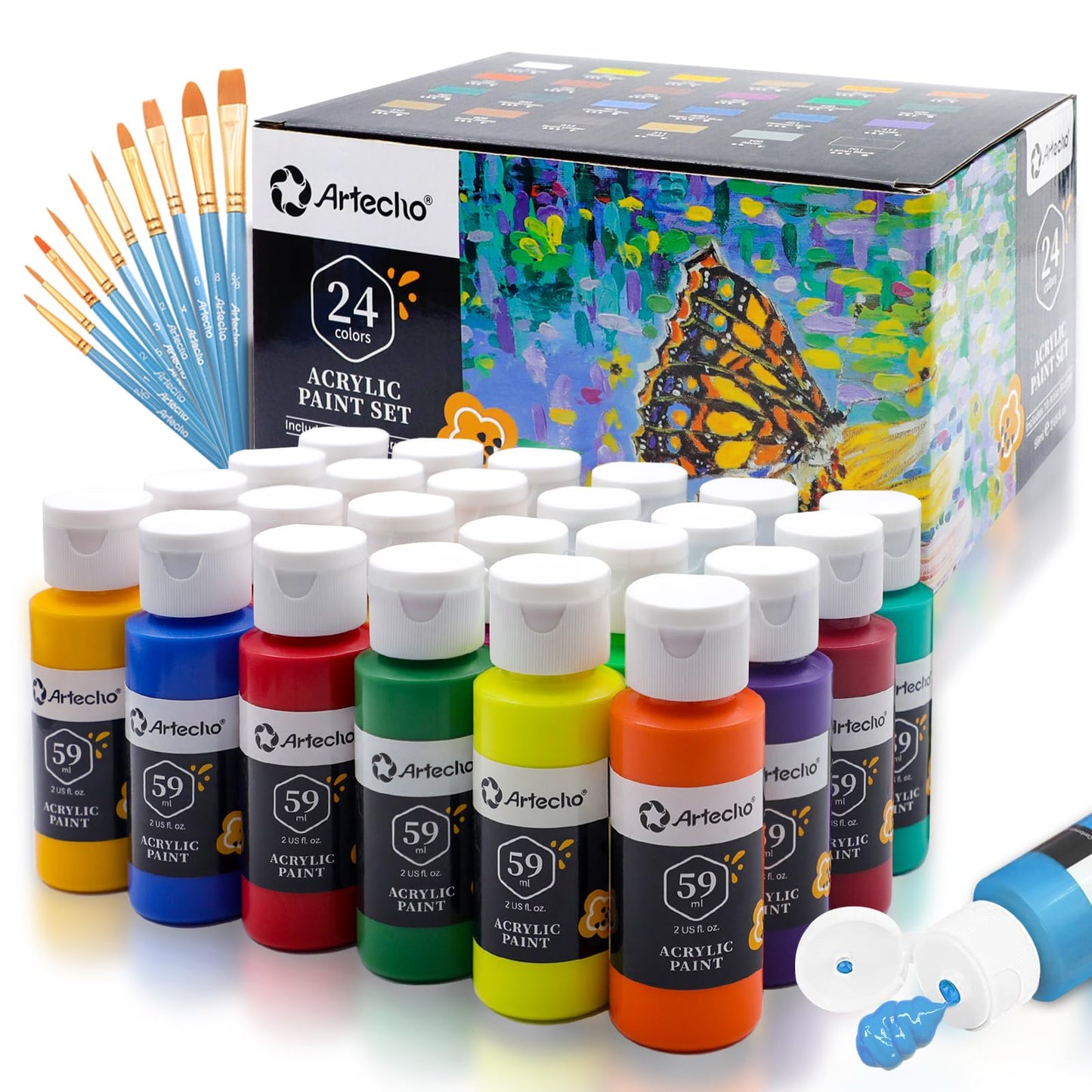 Artecho Acrylic Paints Set 24 Colors 2 Ounce/59ml with 10 Art Brushs, Non Toxic, Model Paint, Waterproof Paint, Acrylic Paint Kit for Canvas, Crafts,
