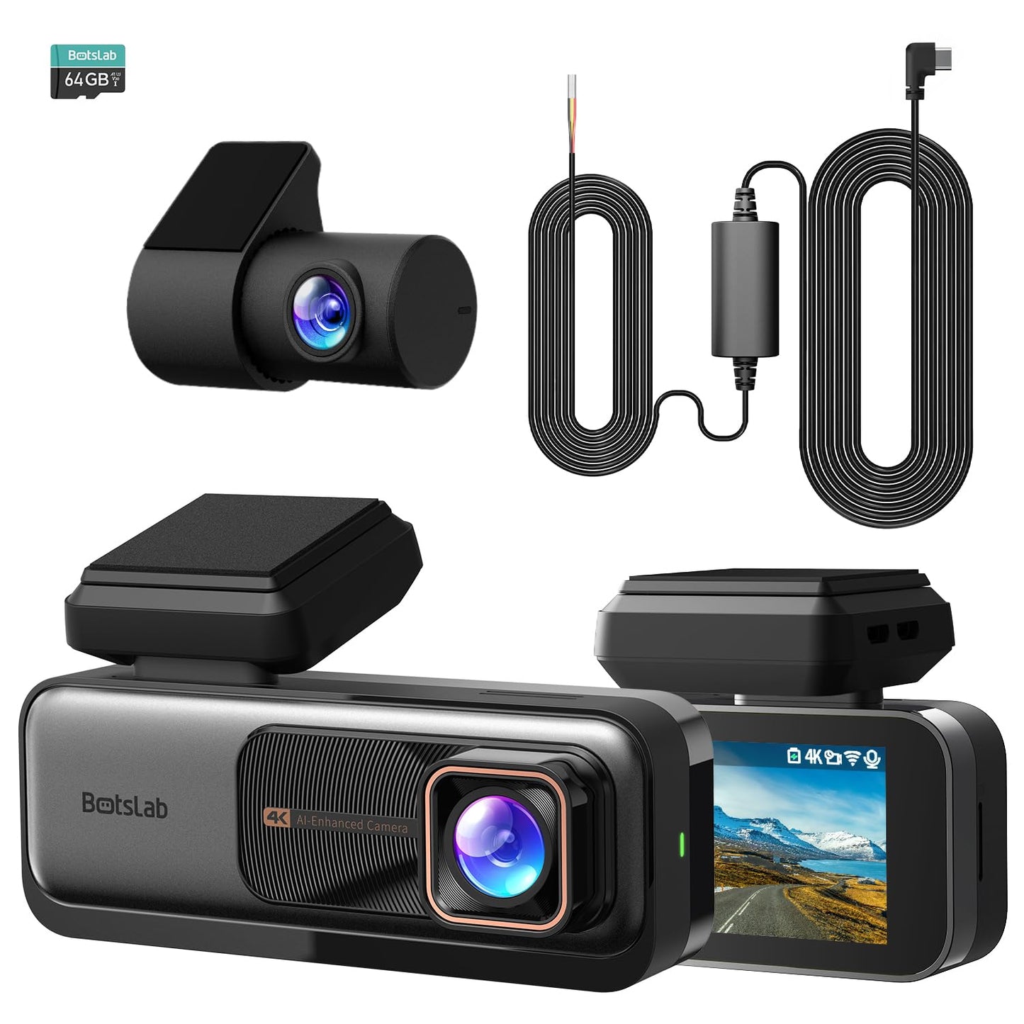 BOTSLAB 4K Dash Cam Front and Rear, Night Vision, 360? Rotatable Rear Camera, 2.45? IPS Screen, 170? Wide Angle, Built-in GPS and WiFi, 24/7 Parking