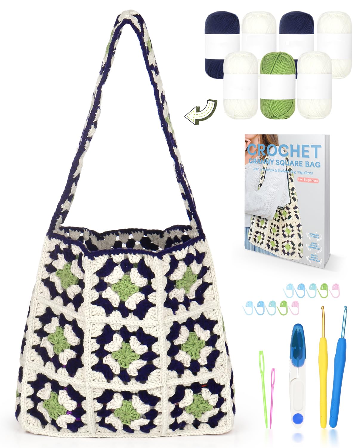 Reessy Crochet Kits for Beginners Adults, Granny Square Crochet Bag Kit, Crochet Starter Kit with Step-by-Step Instructions, Crochet Hooks and 7 Yarn
