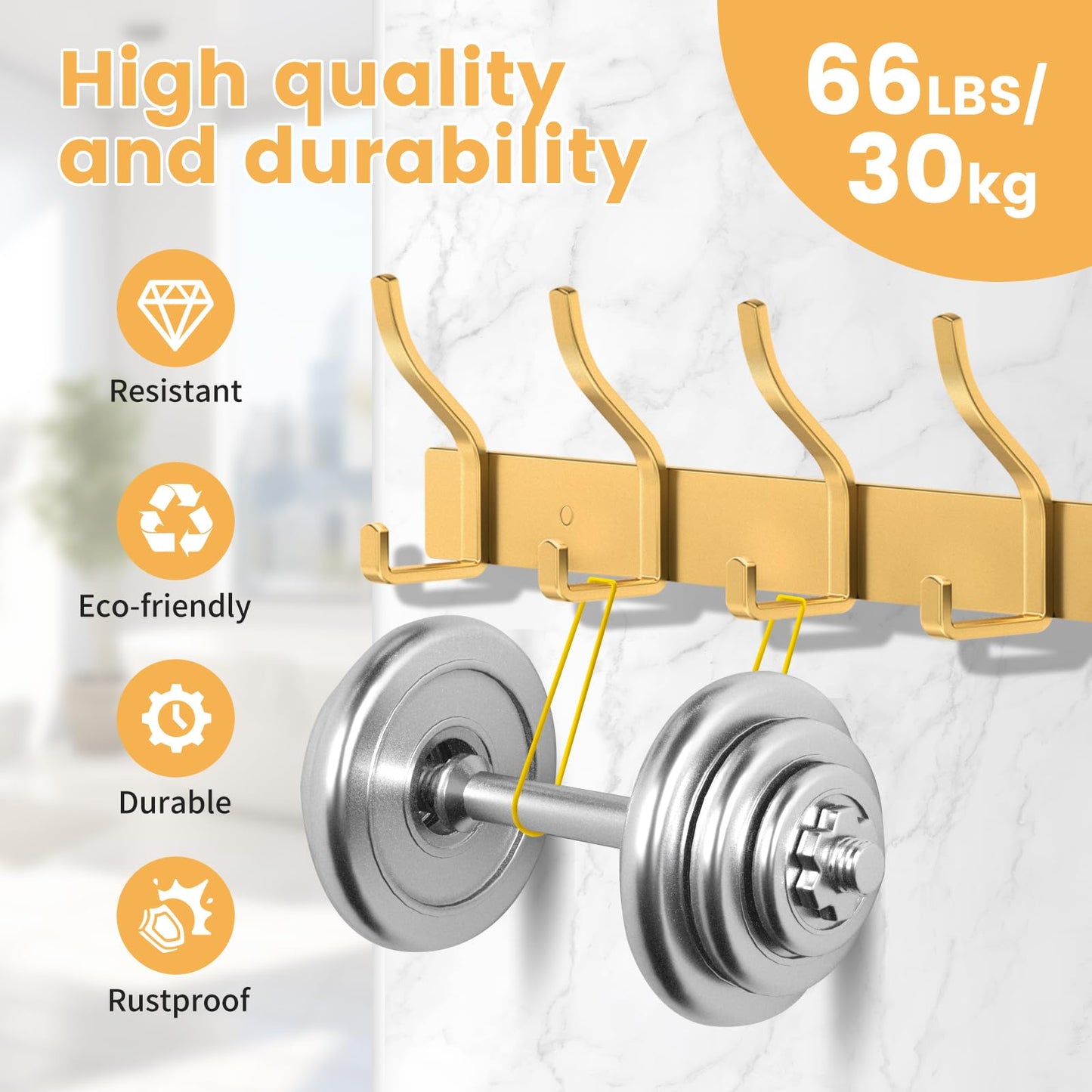MEIJO Coat Hooks Wall Mounted Stainless Steel, Gold Coat Rack Wall Mounted with 4 Hooks Heavy Duty Coat Hooks for Door, Bathroom, Bedroom, Kitchen
