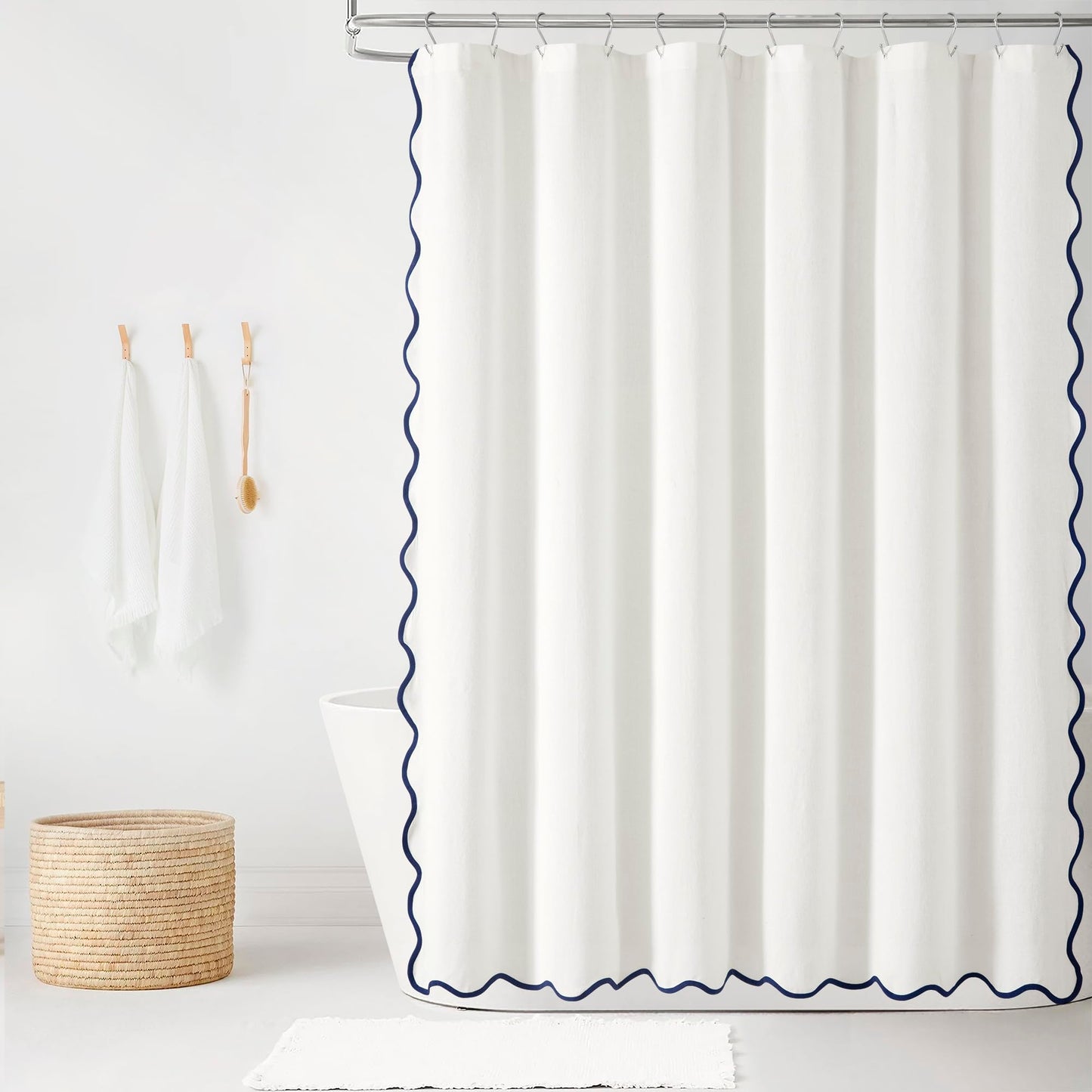 Lush Decor Coastal Chic Scallop Edge Linen Textured Shower Curtain Navy/White Single 72x72 - Elegant Affordable Luxury Chic Charm for Bathroom Decor