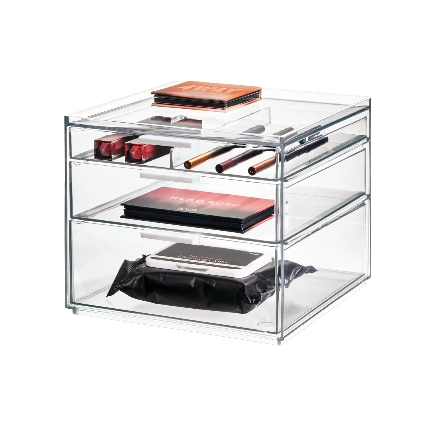 iDesign 3-Drawer Tall Box from the Signature Series by Sarah Tanno, Large Plastic PET Organiser, Makeup Storage, Clear/Matte White, 21 x 20.3 x 17.8