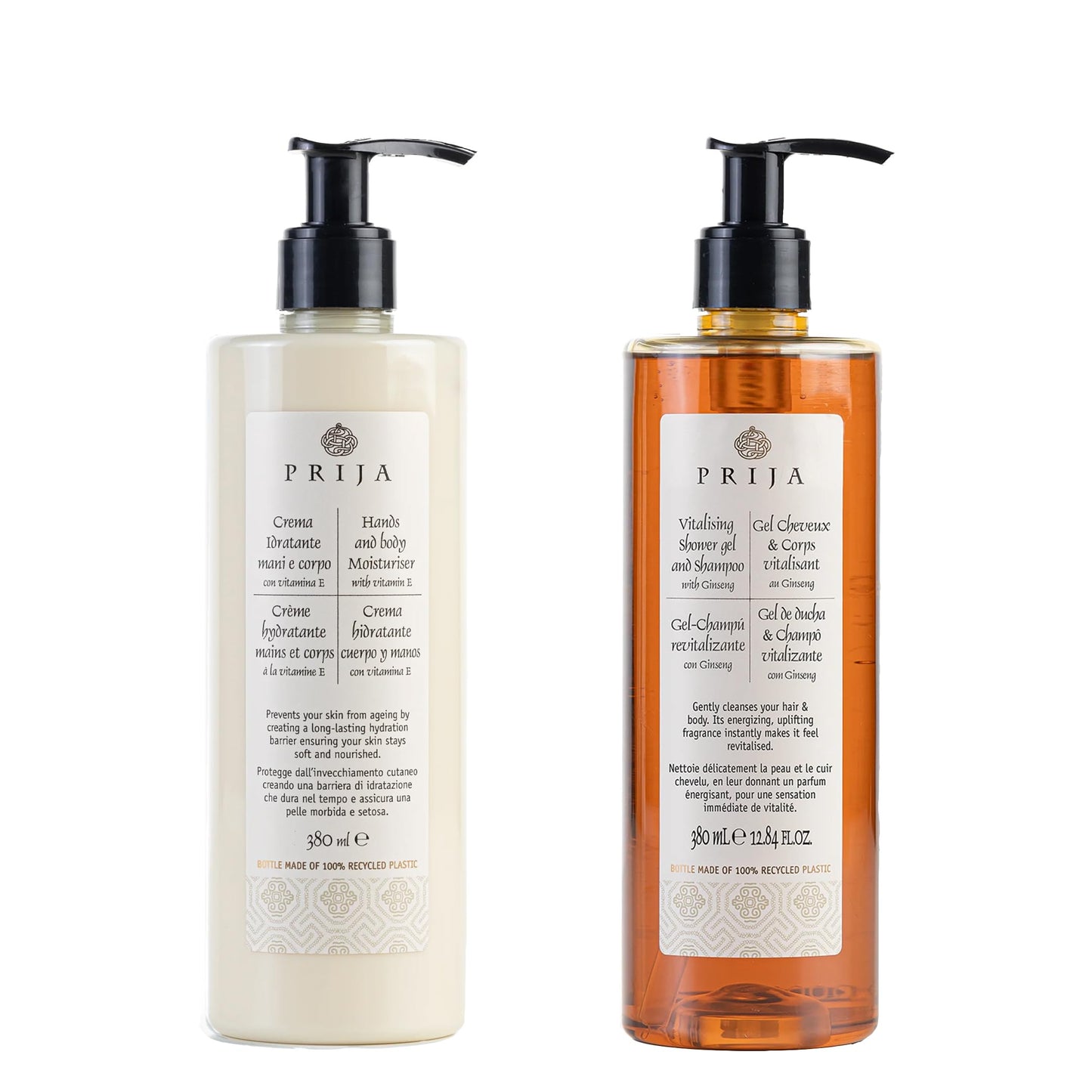 Prija Hands and Body Moisturiser with Vitamin E and Vitalising 2 in 1 Shower Gel and Shampoo with Ginseng Extract Bundle 2 x 380ml
