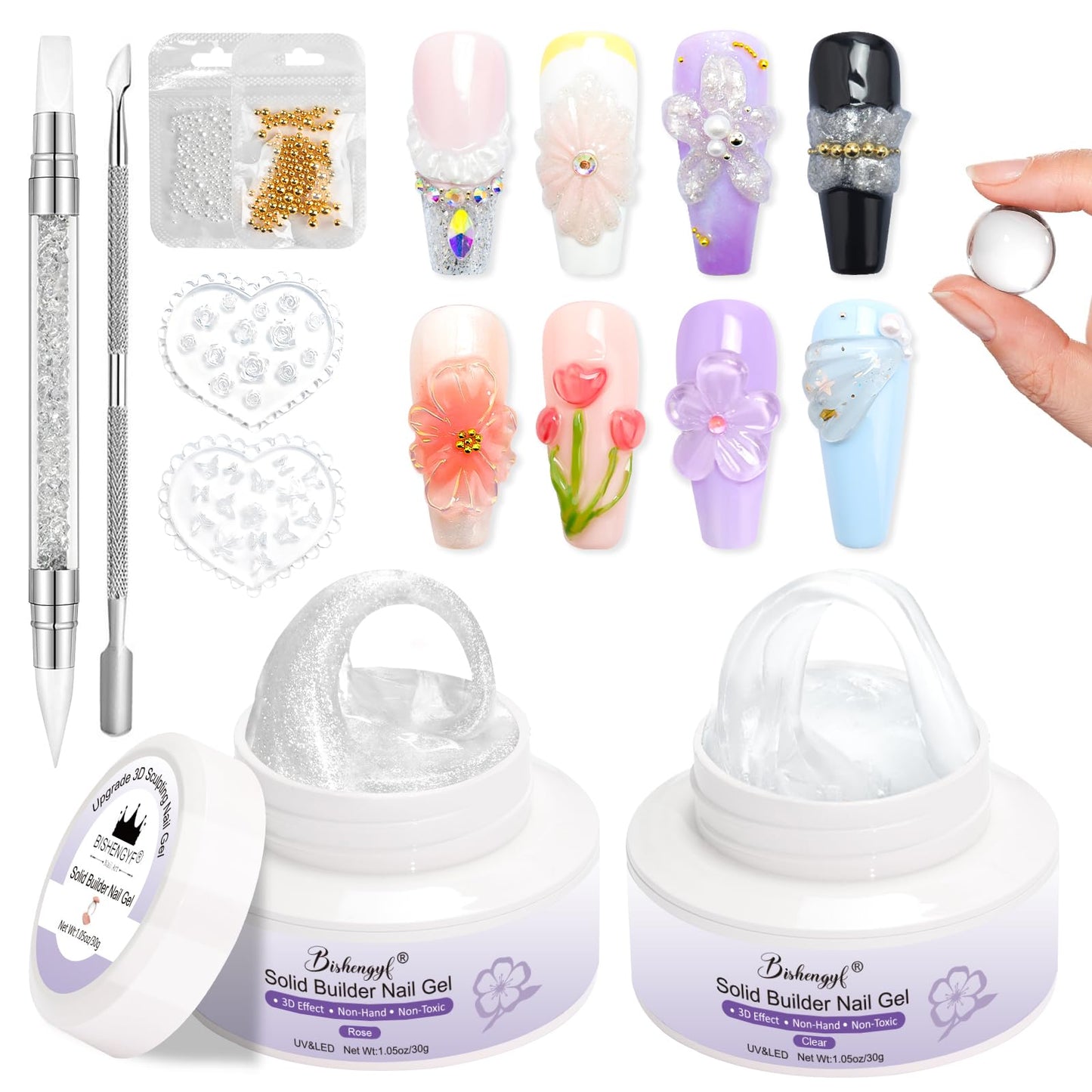 BISHENGYF 30g 3d Nail Gel,2 Pcs Clear Mermaid Pearl 3d Gel for Nails,No Stick Solid Builder Ge l for Nail Extension Carving With 3d Silicone Mold,3d