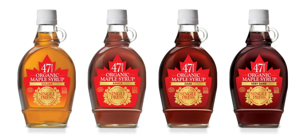 47? North Quadriga 4x Single Press Organic Grade A Maple Syrup, Golden, Amber, Dark & Very Dark 4x250g To enjoy the full range of all true maple syrup