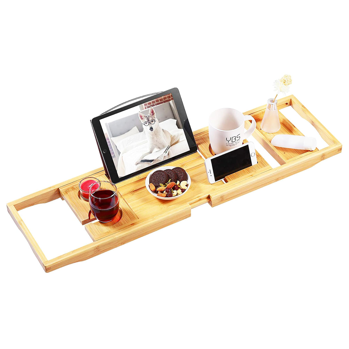 VaeFae Bamboo Bathtub Caddy Tray, Expandable Bath Tray for Tub with Upgraded Wine Slots and Book Holder, Anti Slip,Adjustable Bath Trays for Wine