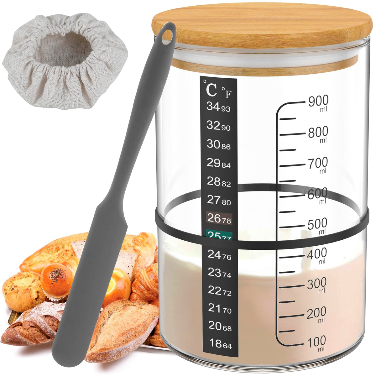 BOBASH 6 Pcs Glass Sourdough Starter Jar Kit 900ml Sourdough Starter Kit with Scale Thermometer Paper Sourdough Jar Reusable Sourdough Bread Baking