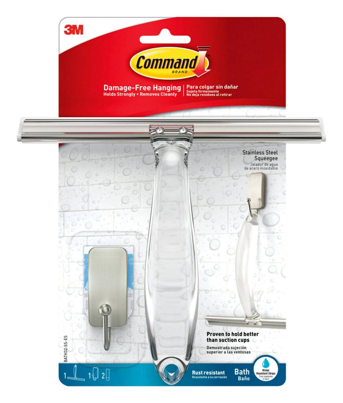 Command Stainless Steel Shower Squeegee and Satin Nickel Hook with 2 Water-Resistant Strips - Ideal for Mirror, Tile & Glass Door - Damage Free
