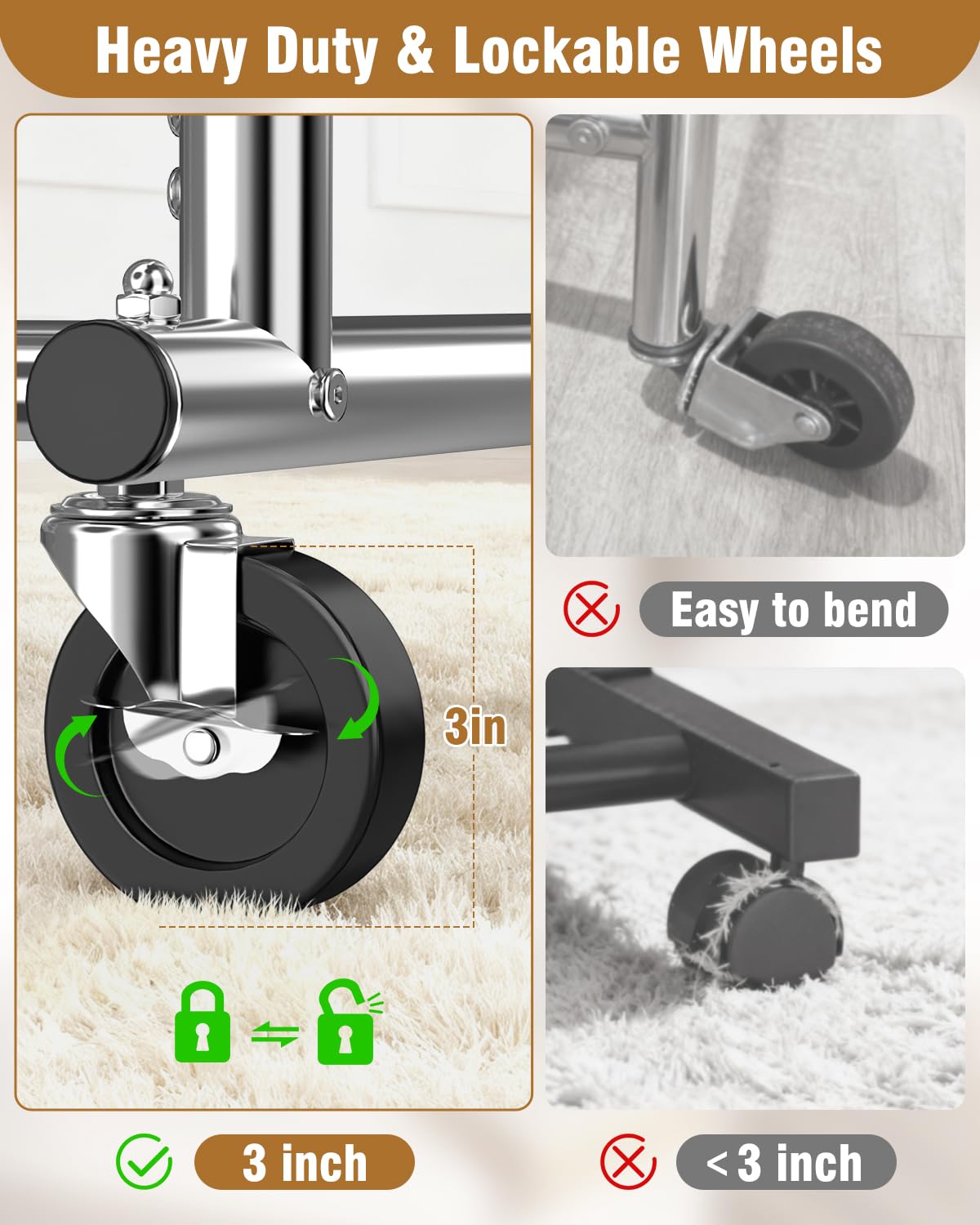 EAGMAK Heavy Duty Clothes Rail Load 252 KG, Rolling clothing Rail with Sturdy Wheels and 2 Shelves, Height Adjustable Metal Coat Racks