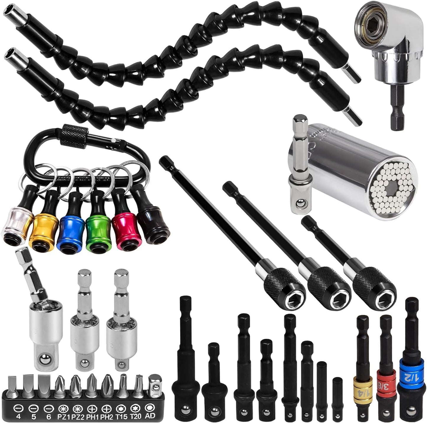 38Pcs Flexible Drill Bit Extension Set, Bendable Drill Extension,105? Right Angle Drill Attachment, Rotatable Joint Socket 1/4 3/8 1/2 Inch Hex Socket