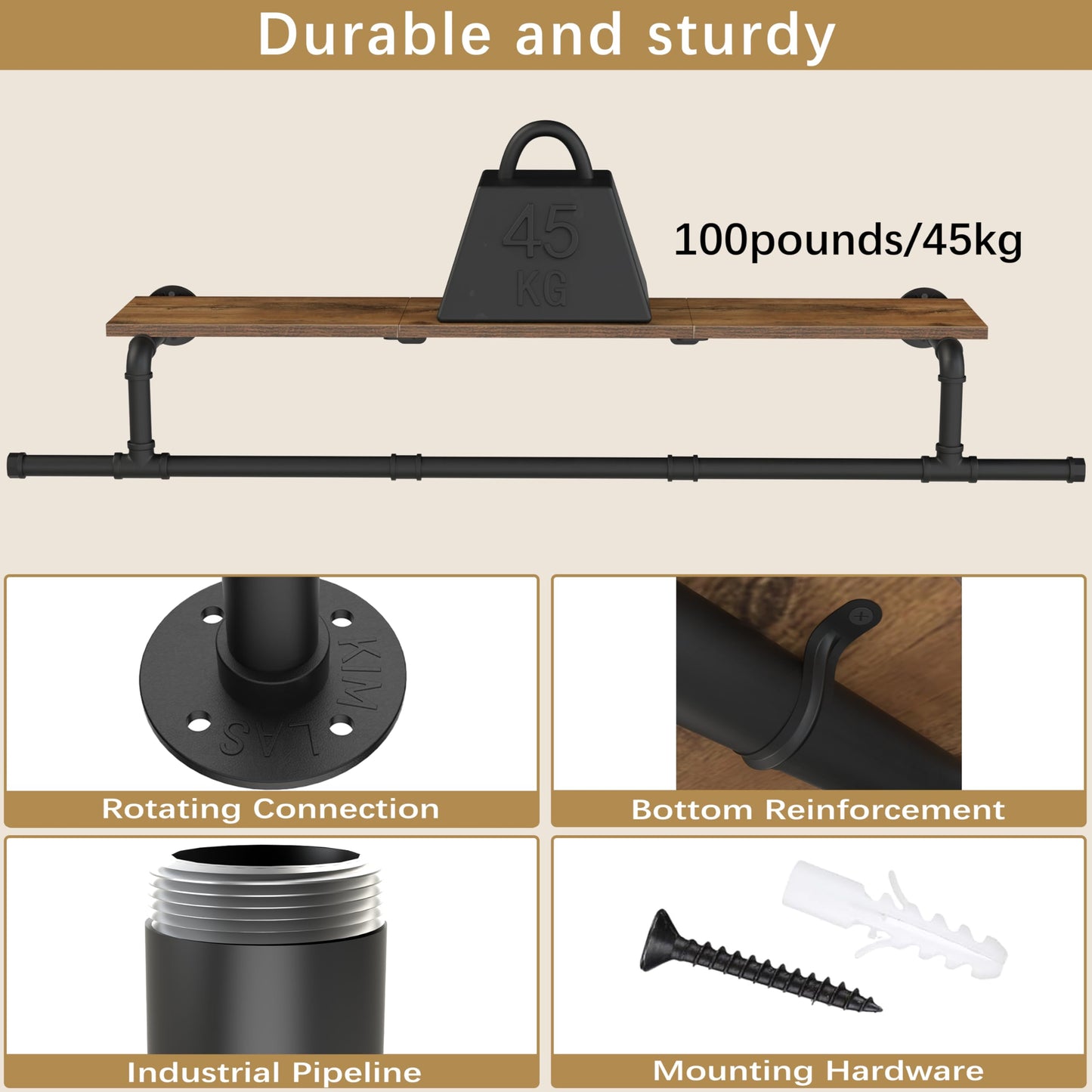 YheenLf Wall Mounted Clothes Rail, Industrial Clothing Rack, 130x26x15cm