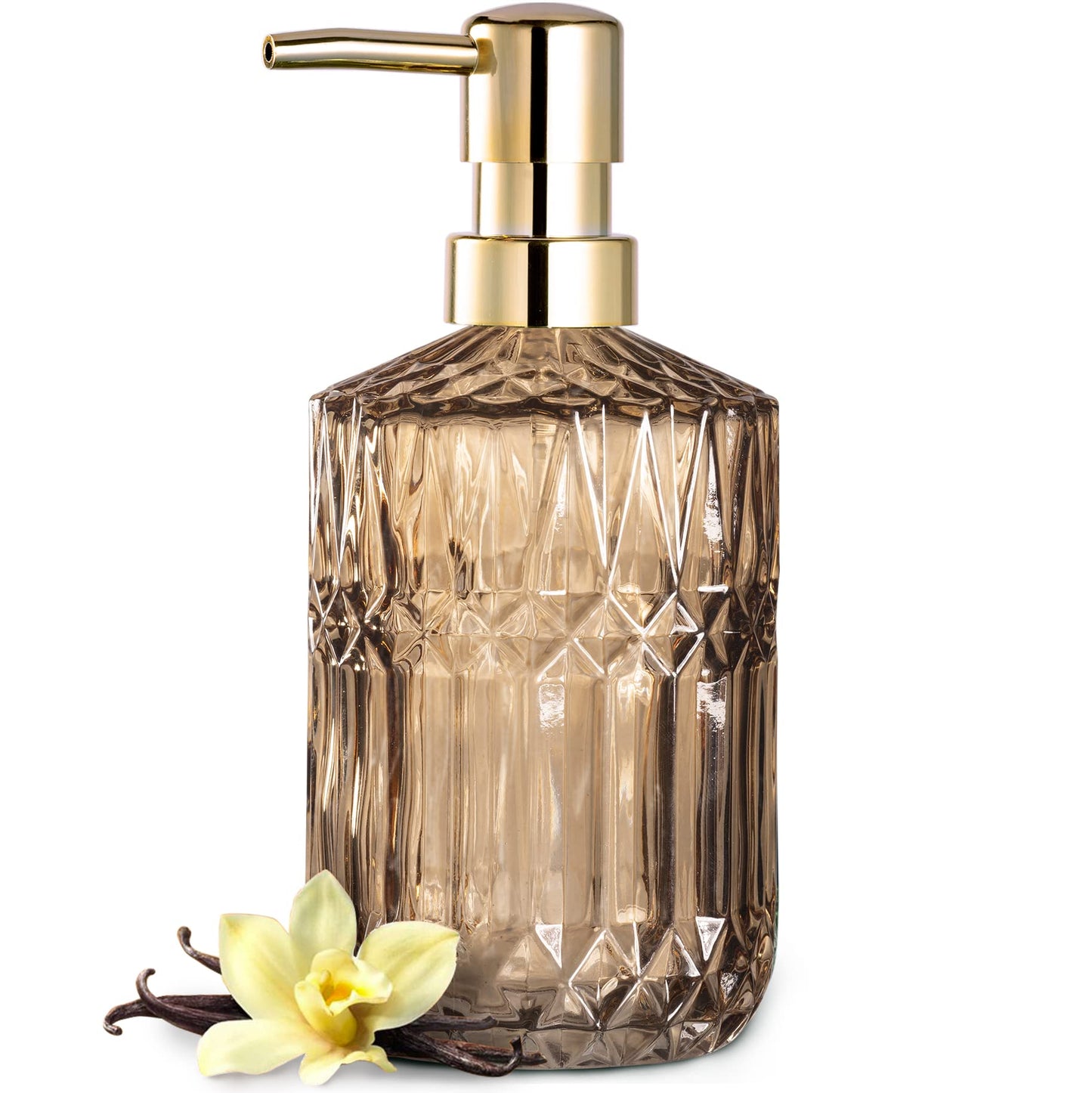 EMPO Clear Glass Soap Dispenser with ABS Plastic Pump, Crystal Lotion Dispensers for Kitchen Sink, Bathroom (Brown)