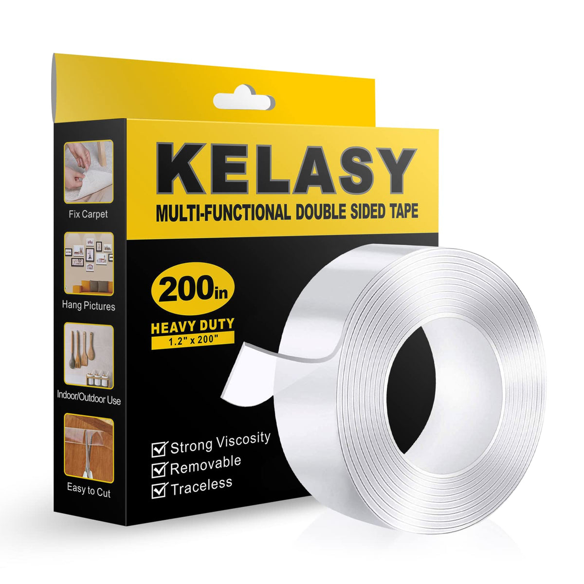 Kelasy Double Sided Tape Heavy Duty,1.2" x 200",Nano Adhesive Mounting Tape for Walls,Adhesive Strips Strong Sticky Gel Grip Tape,Transparent Poster