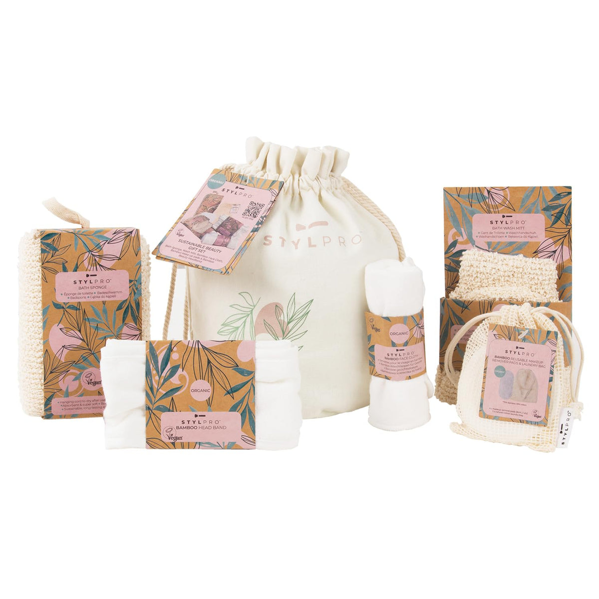 STYLPRO Sustainable Beauty Gift Set ? 9-Piece Vegan Spa Kit with Bamboo Face Cloth, Makeup Remover Pads, Bath Mitt, Sponge & Organic Cotton Bag ?