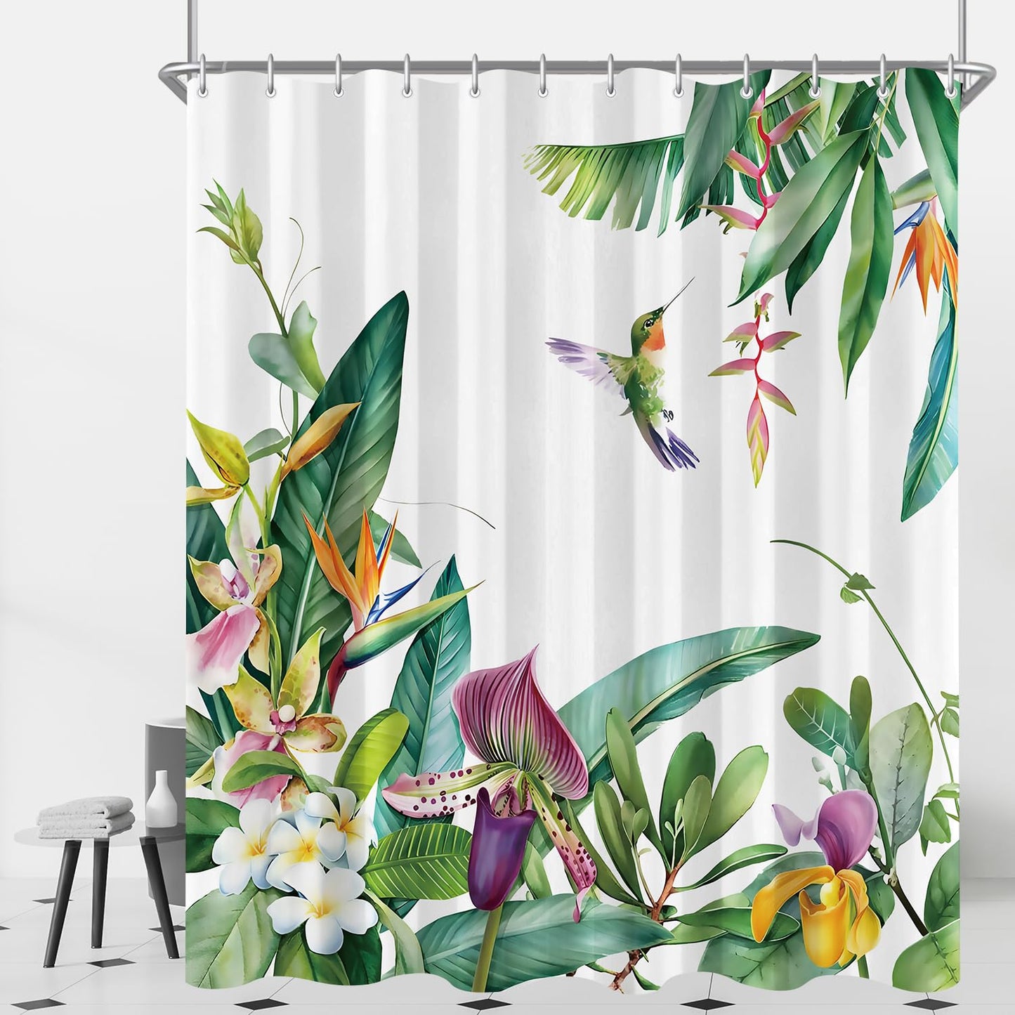 Lerores Shower Curtain, 120 x 200 cm, Green Leaves Bird, Weighted Hem, Anti-Mould, Water-Repellent, Washable Polyester Bath Curtains with 8 Eyelets