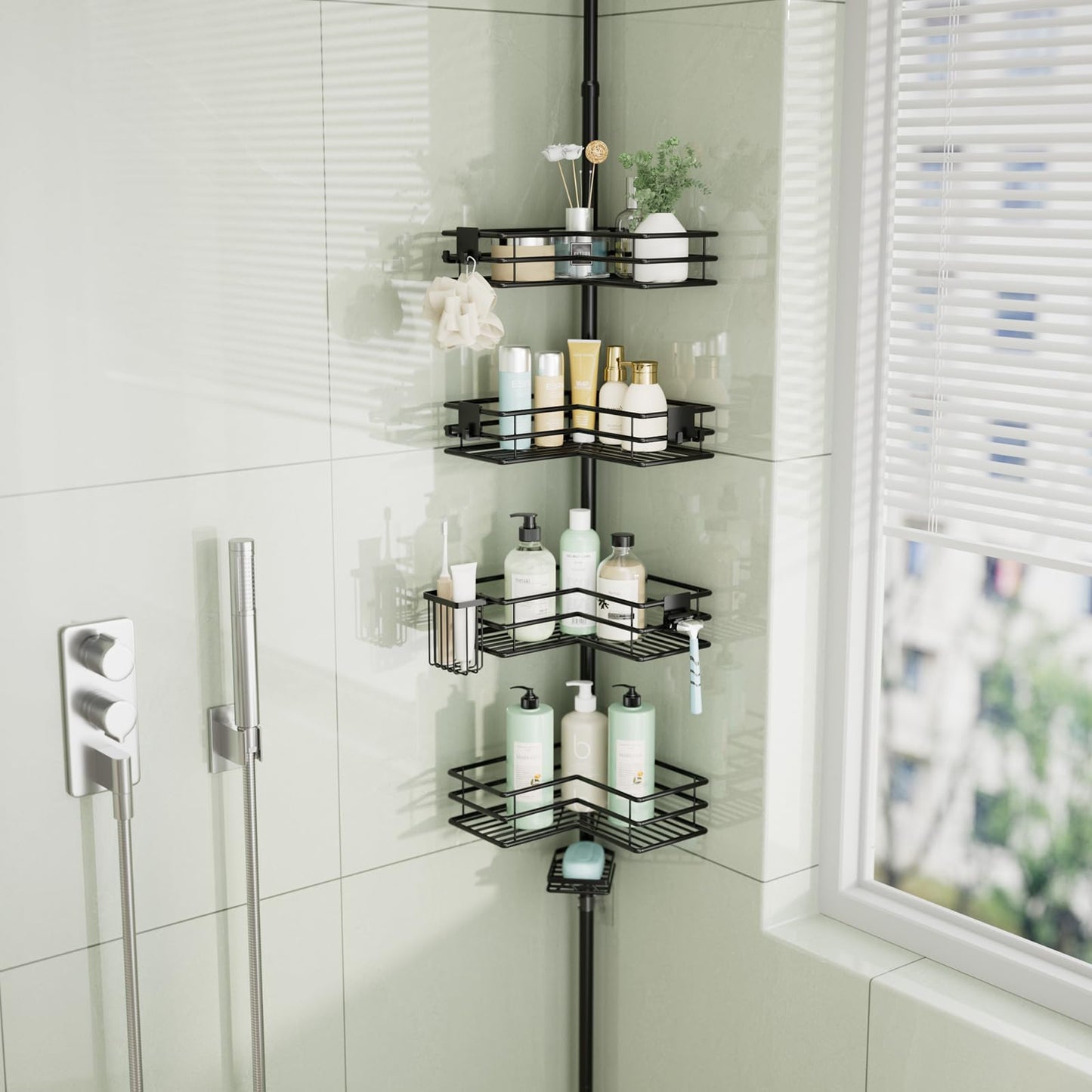 HapiRm Telescopic Shower Caddy Corner - Tension Bathroom Corner Shelves with Soap Holder, Toothbrush Holder and 4 Hooks, Height Adjustable Stainless
