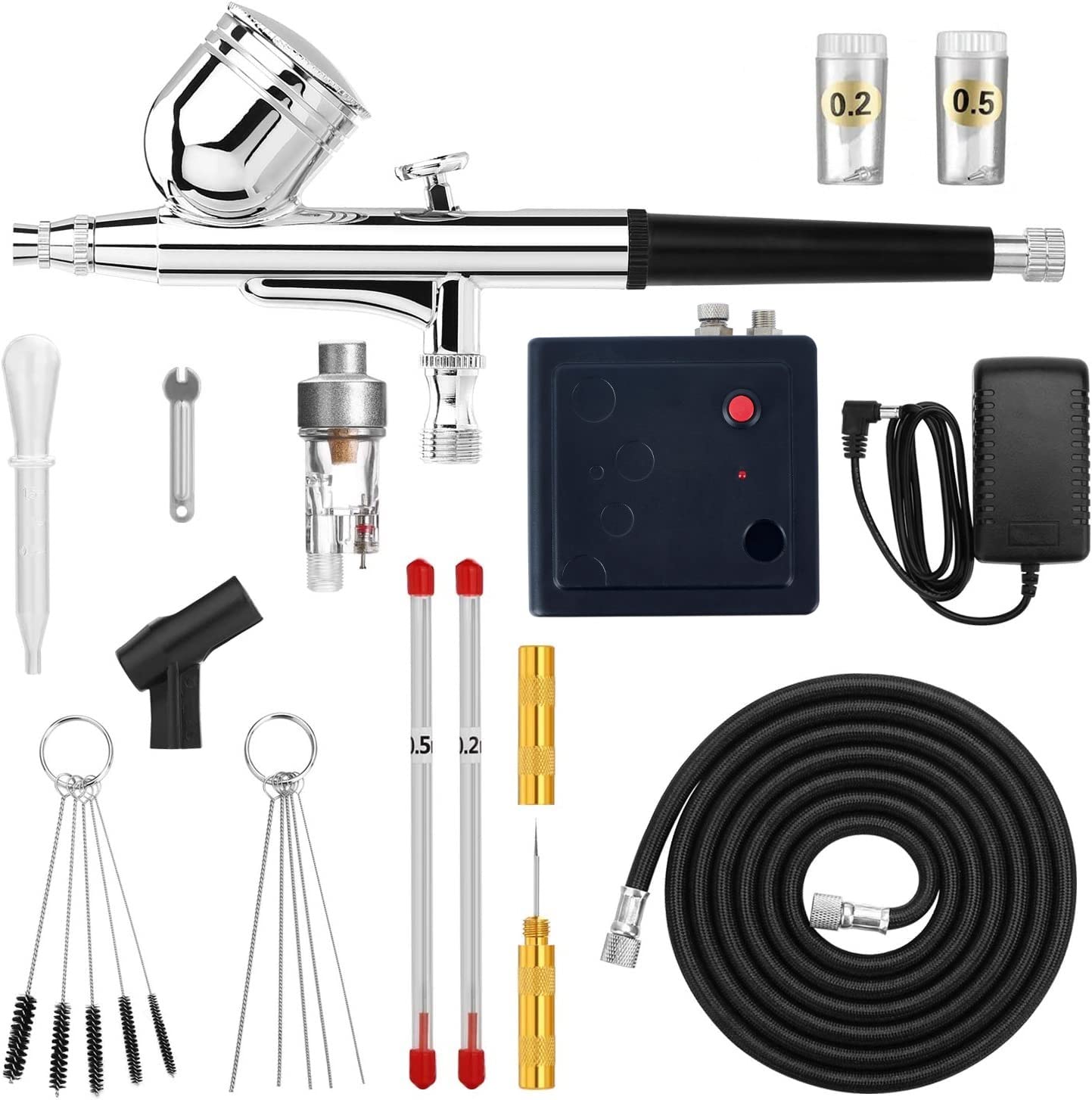 Magicrose Dual Action Mini Air Compressor Airbrush Kit Gravity Feed Air Brush with Spare Nozzle Needle and Airbrush Cleaning Kit Painting Mini Air