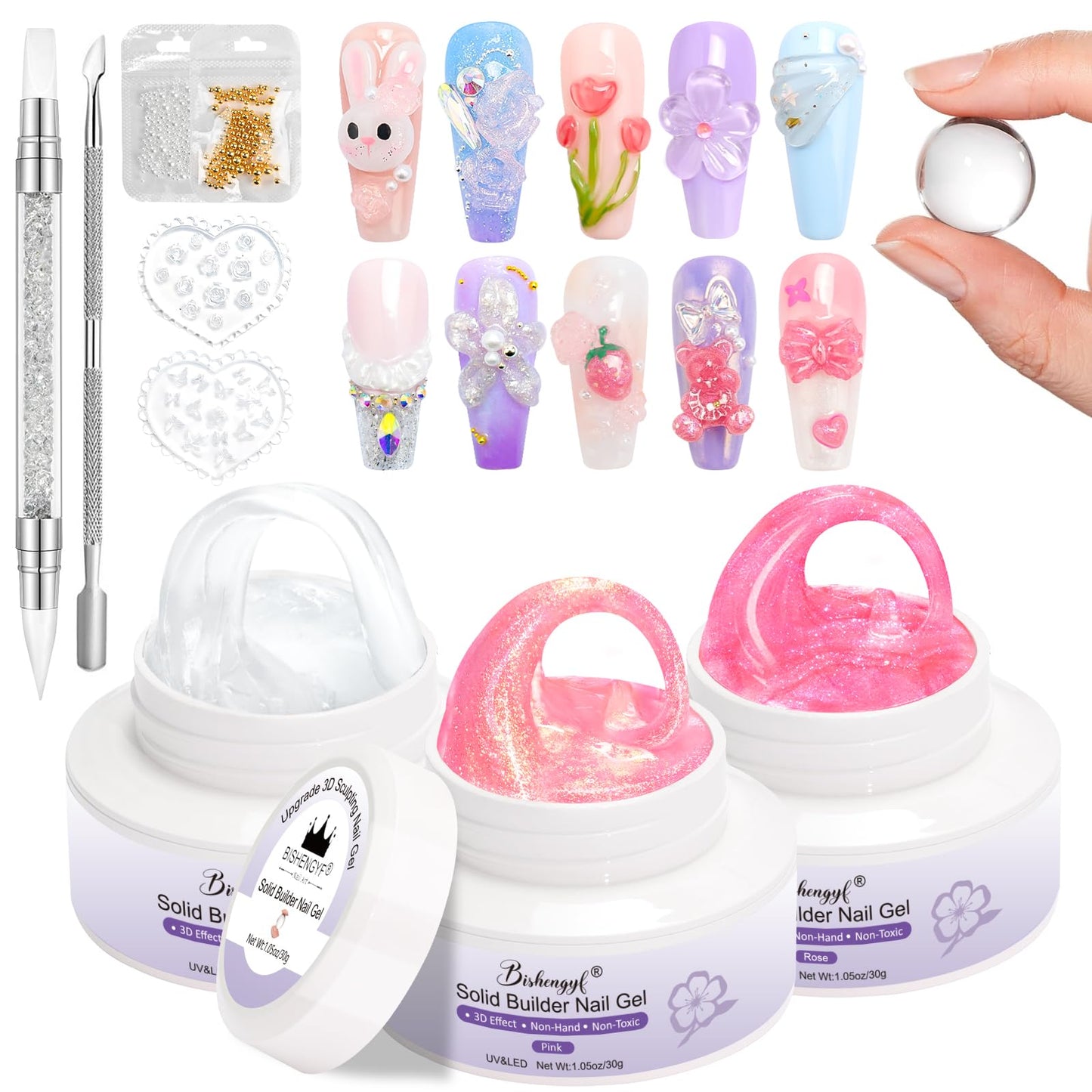 BISHENGYF Clear 3d Gel for Nails,3 Pcs 30g Large Capacity Mermaid Pearl 3d Gel,No Stick Solid Builder Ge l for Nails 3d Silicone Pens and Mold Tools